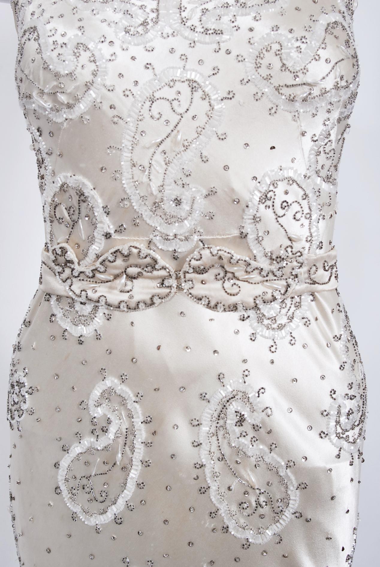 Vintage 1930's Beaded Ivory Silk Satin Appliqué Sculpted Bias-Cut Bridal Gown 1