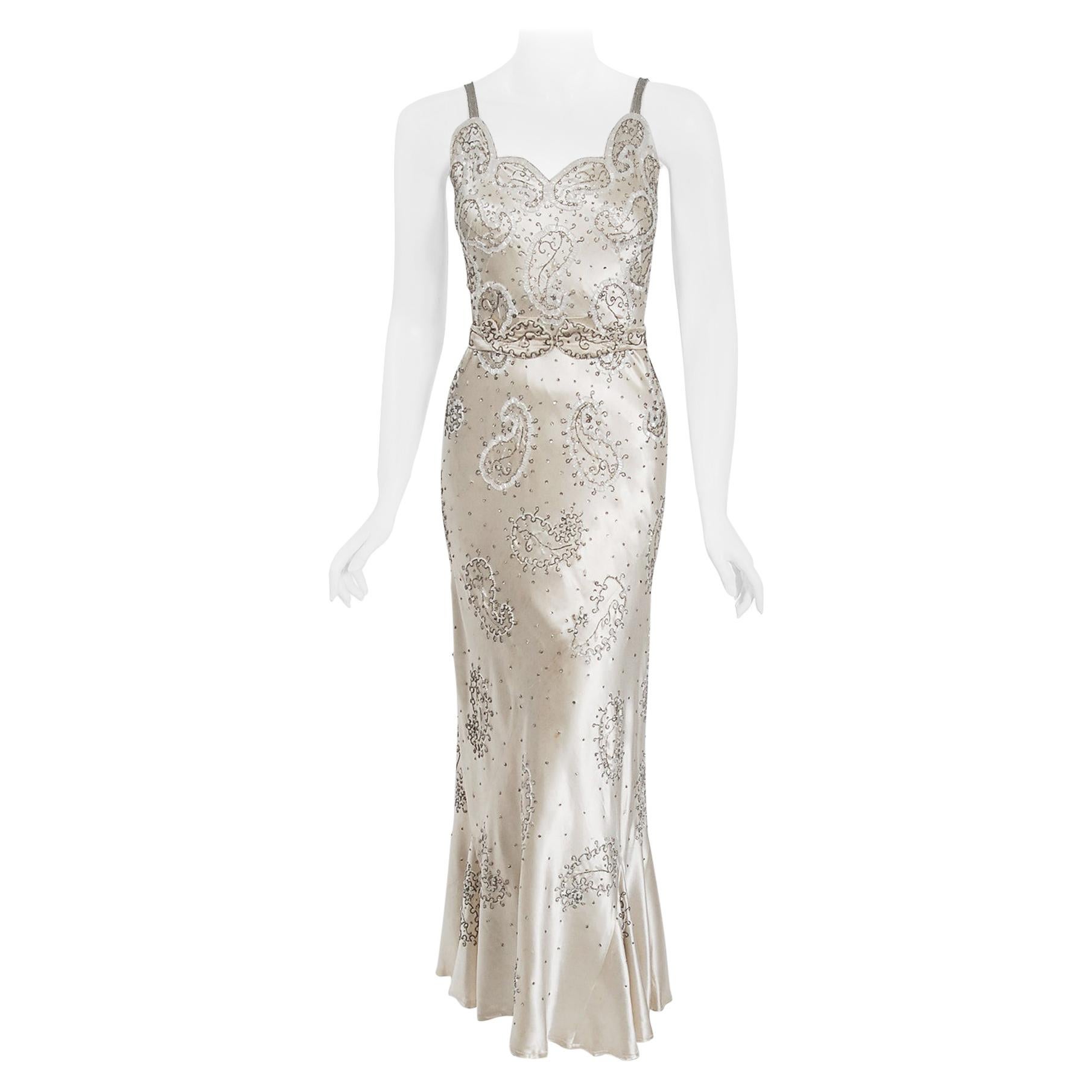 Vintage 1930's Beaded Ivory Silk Satin Appliqué Sculpted Bias-Cut Bridal Gown