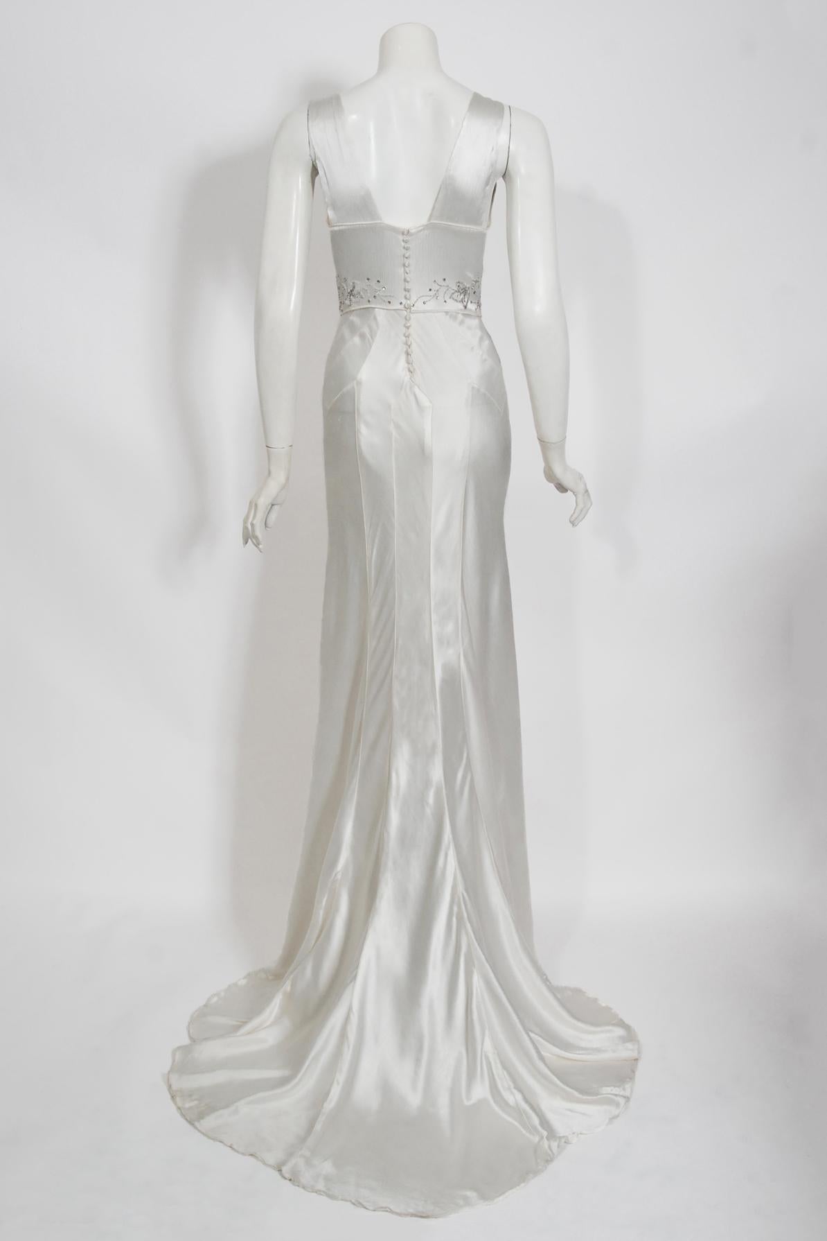 Vintage 1930's Rhinestone Beaded White Silk Satin Bias-Cut Trained Bridal Gown 2
