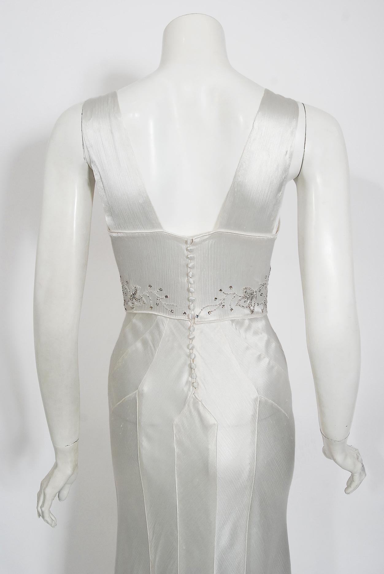 Vintage 1930's Rhinestone Beaded White Silk Satin Bias-Cut Trained Bridal Gown 3