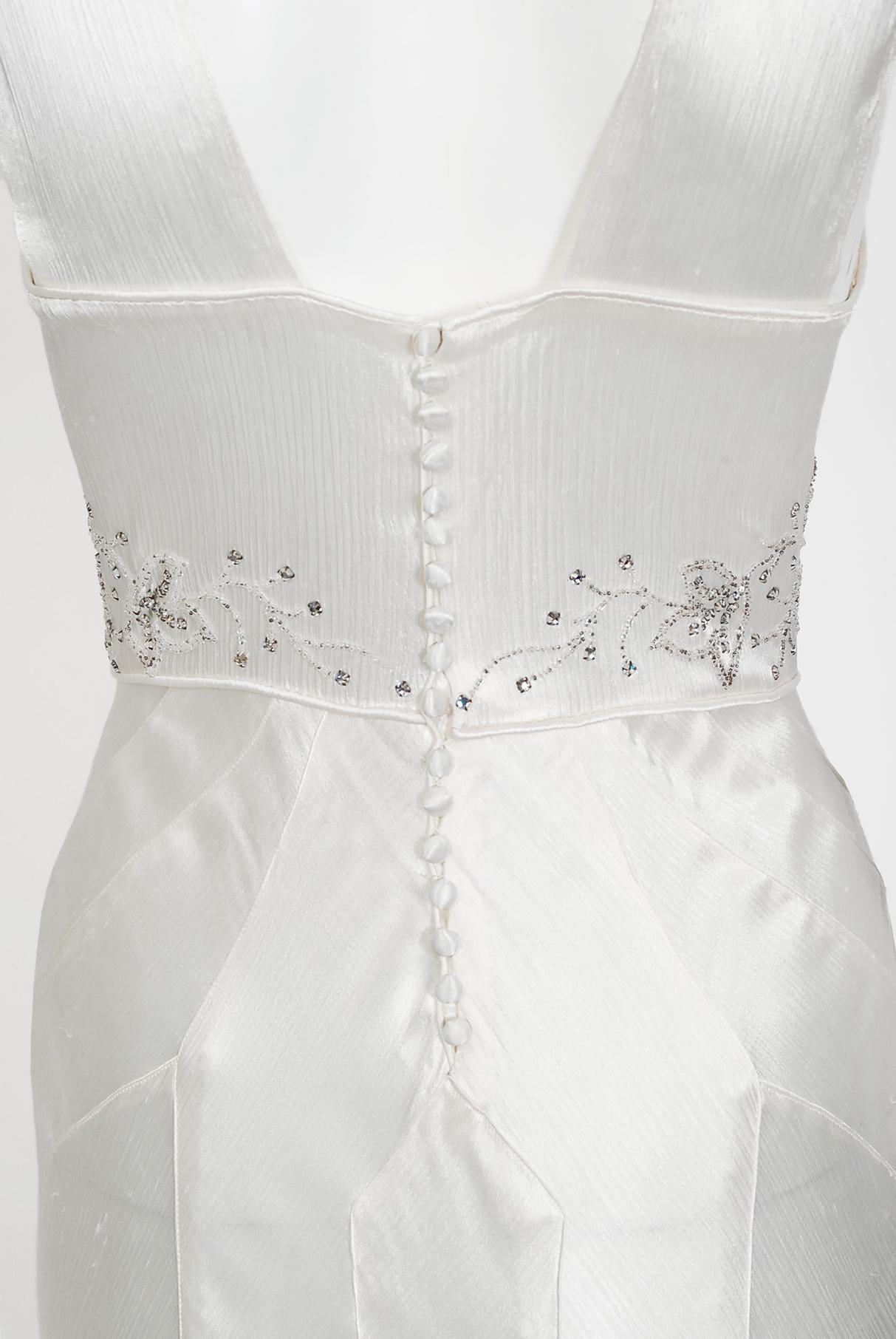 Vintage 1930's Rhinestone Beaded White Silk Satin Bias-Cut Trained Bridal Gown 4