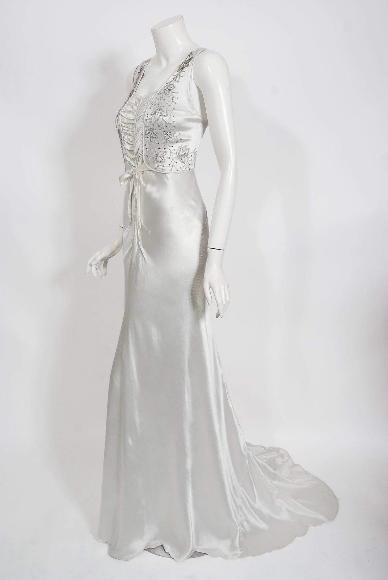 Gray Vintage 1930's Rhinestone Beaded White Silk Satin Bias-Cut Trained Bridal Gown