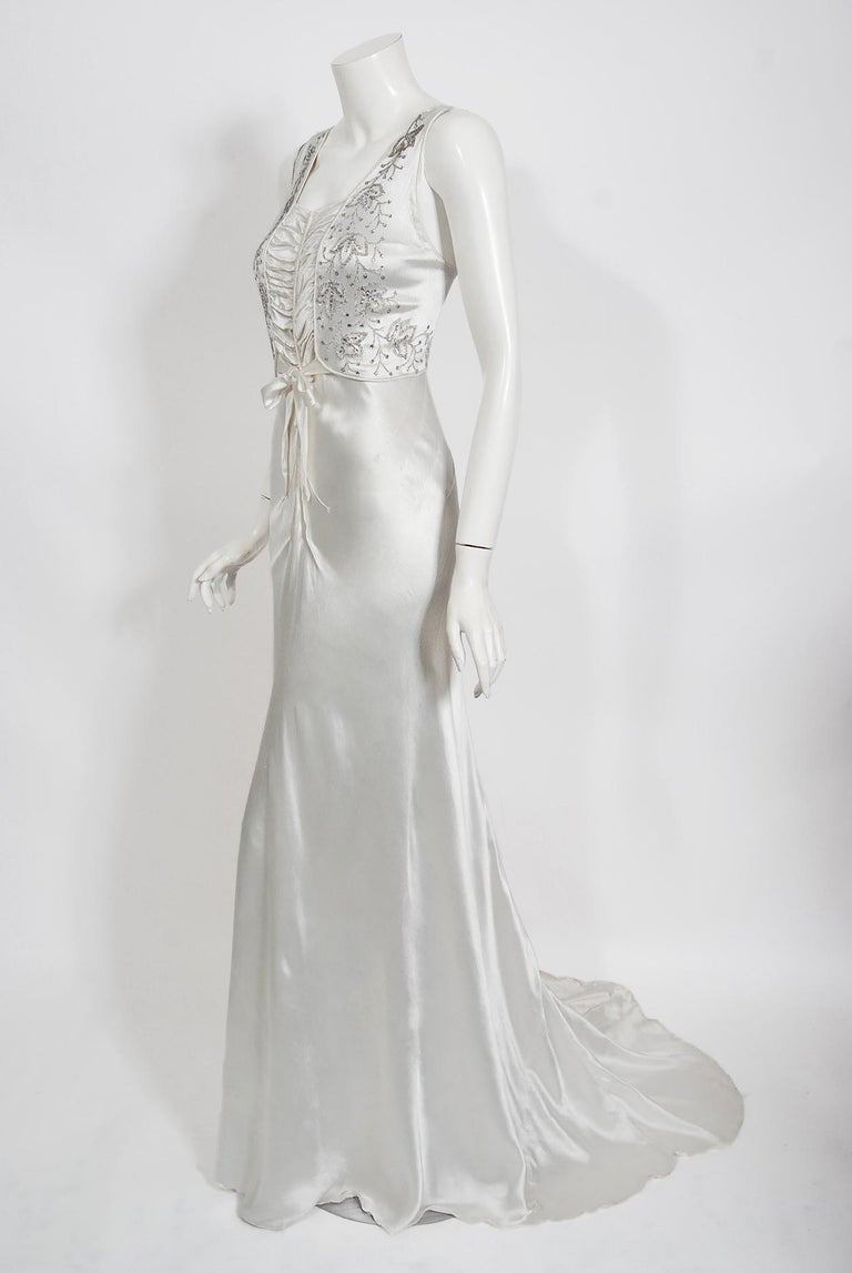 white christmas dresses Vintage 1930's Beaded Ivory Silk-Velvet Cut Out Shoulders Bias-Cut Old  Hollywood Gown main image 0