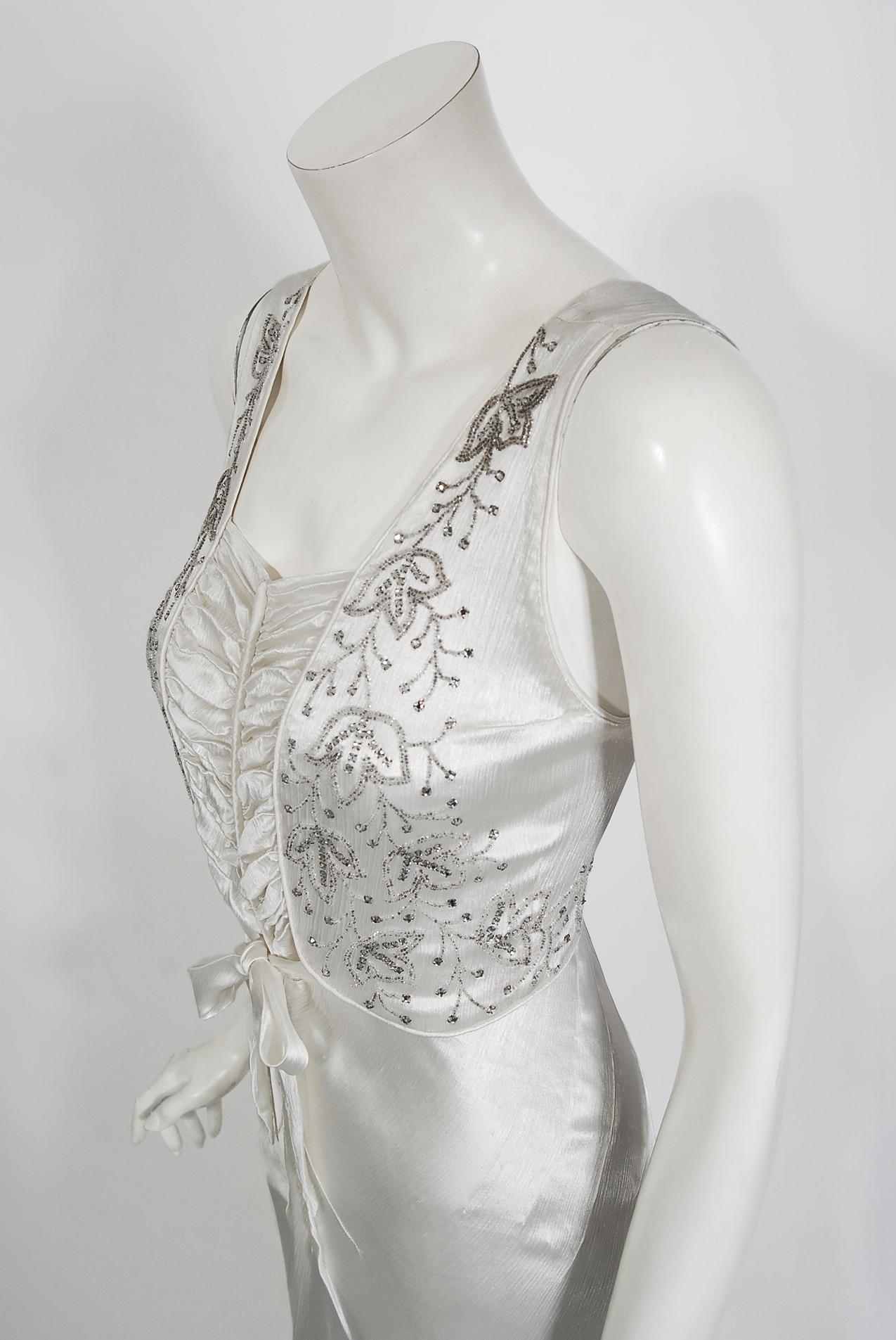 Vintage 1930's Rhinestone Beaded White Silk Satin Bias-Cut Trained Bridal Gown In Good Condition In Beverly Hills, CA