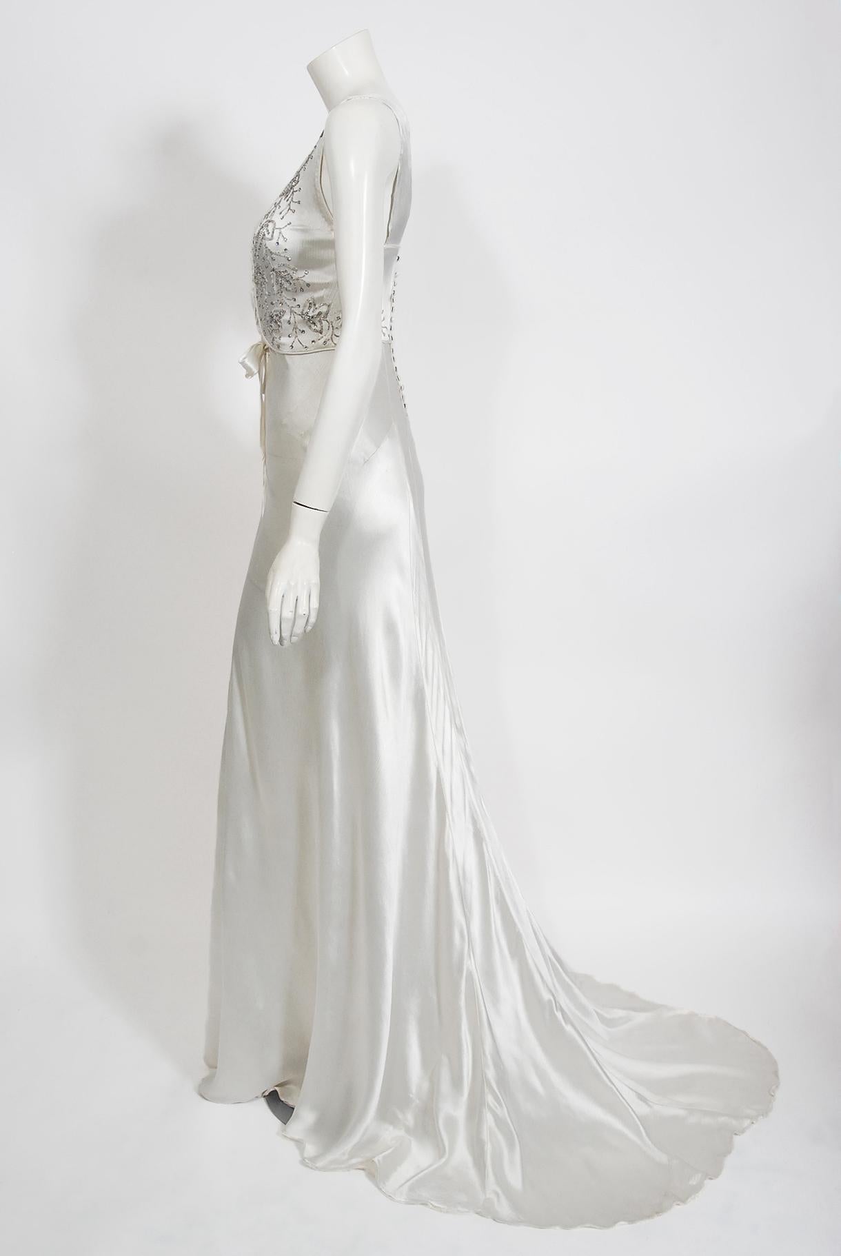 Women's Vintage 1930's Rhinestone Beaded White Silk Satin Bias-Cut Trained Bridal Gown