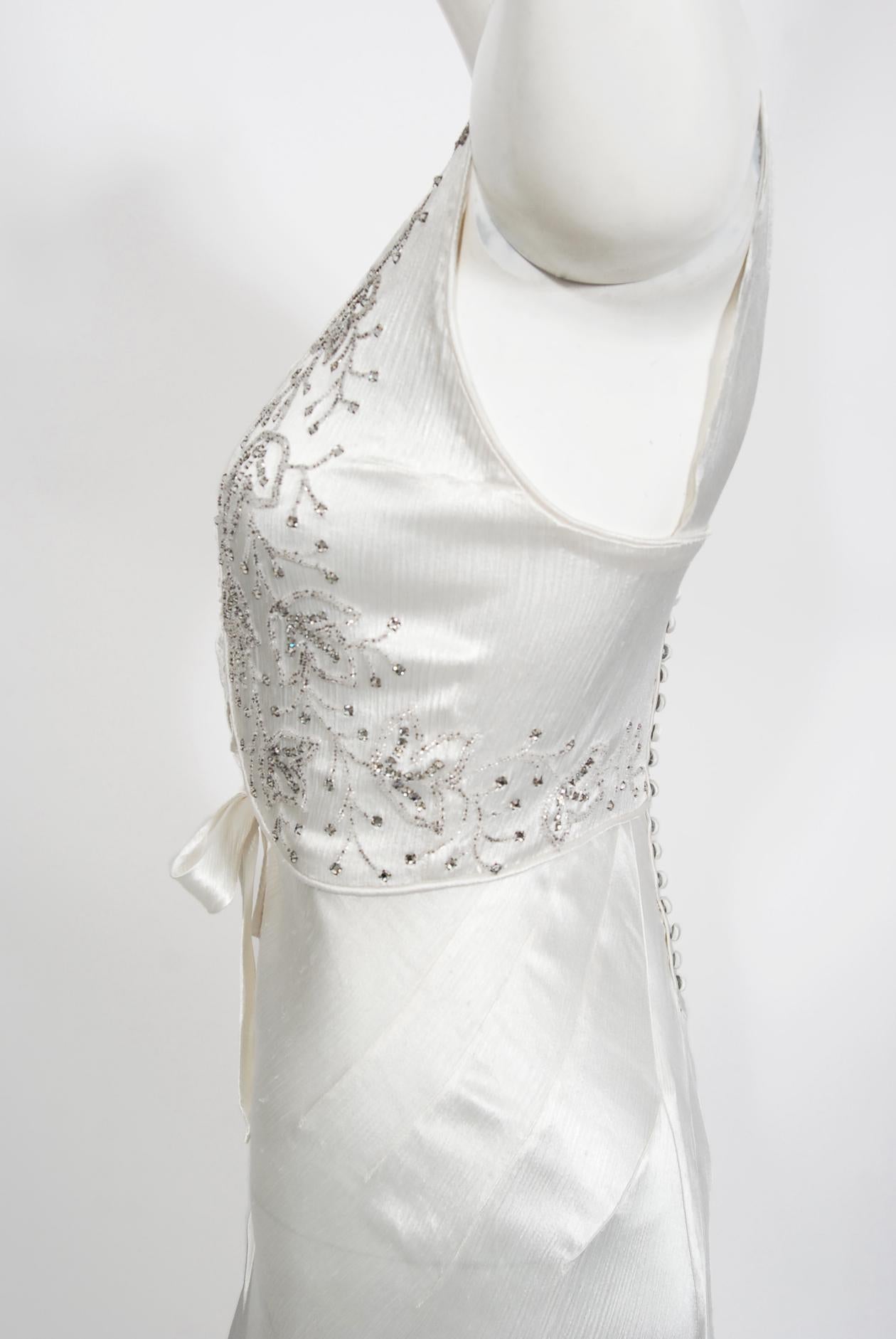 Vintage 1930's Rhinestone Beaded White Silk Satin Bias-Cut Trained Bridal Gown 1