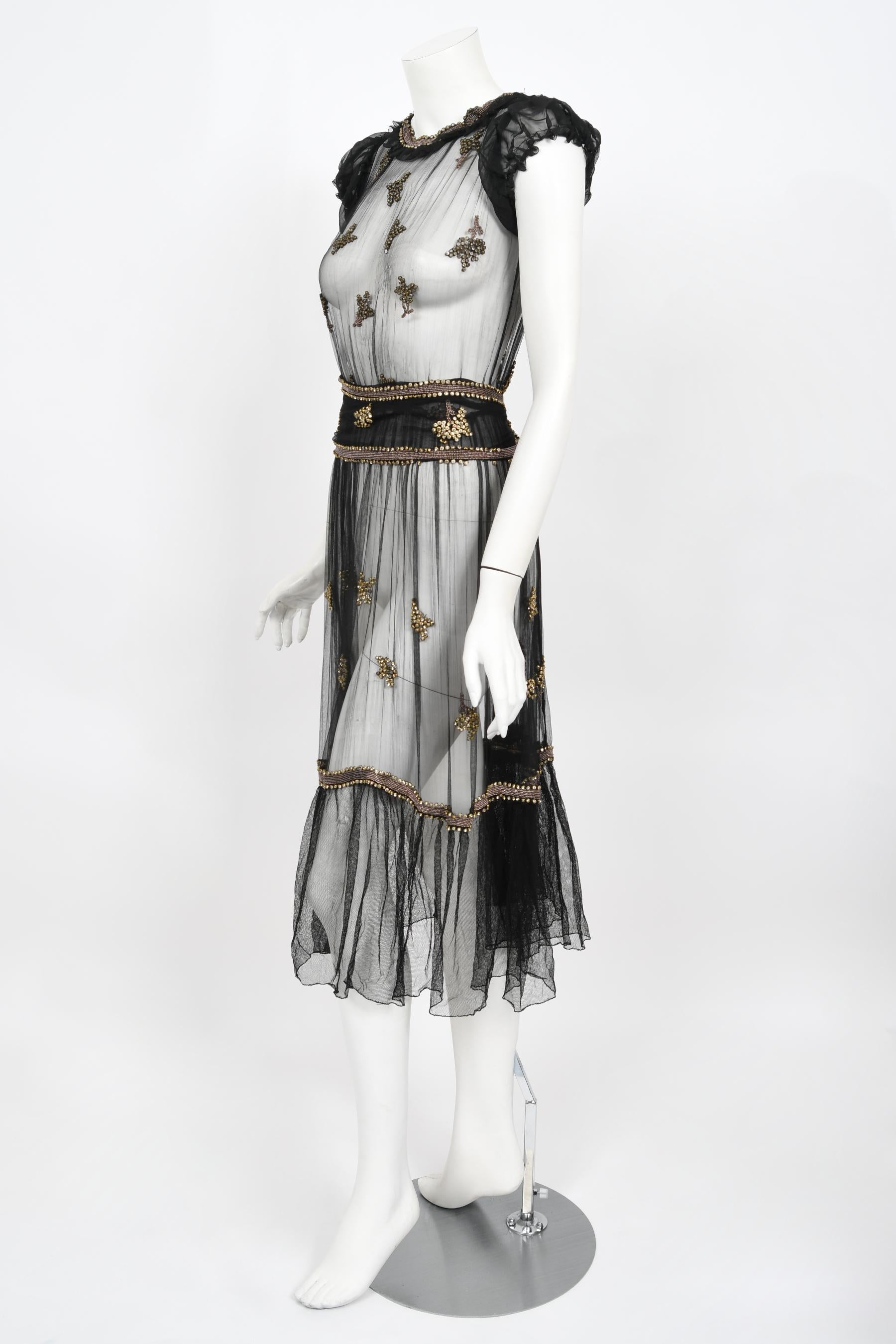 Vintage 1930's Bette Davis Owned Old Hollywood Sheer Beaded Silk Couture Dress In Good Condition For Sale In Beverly Hills, CA