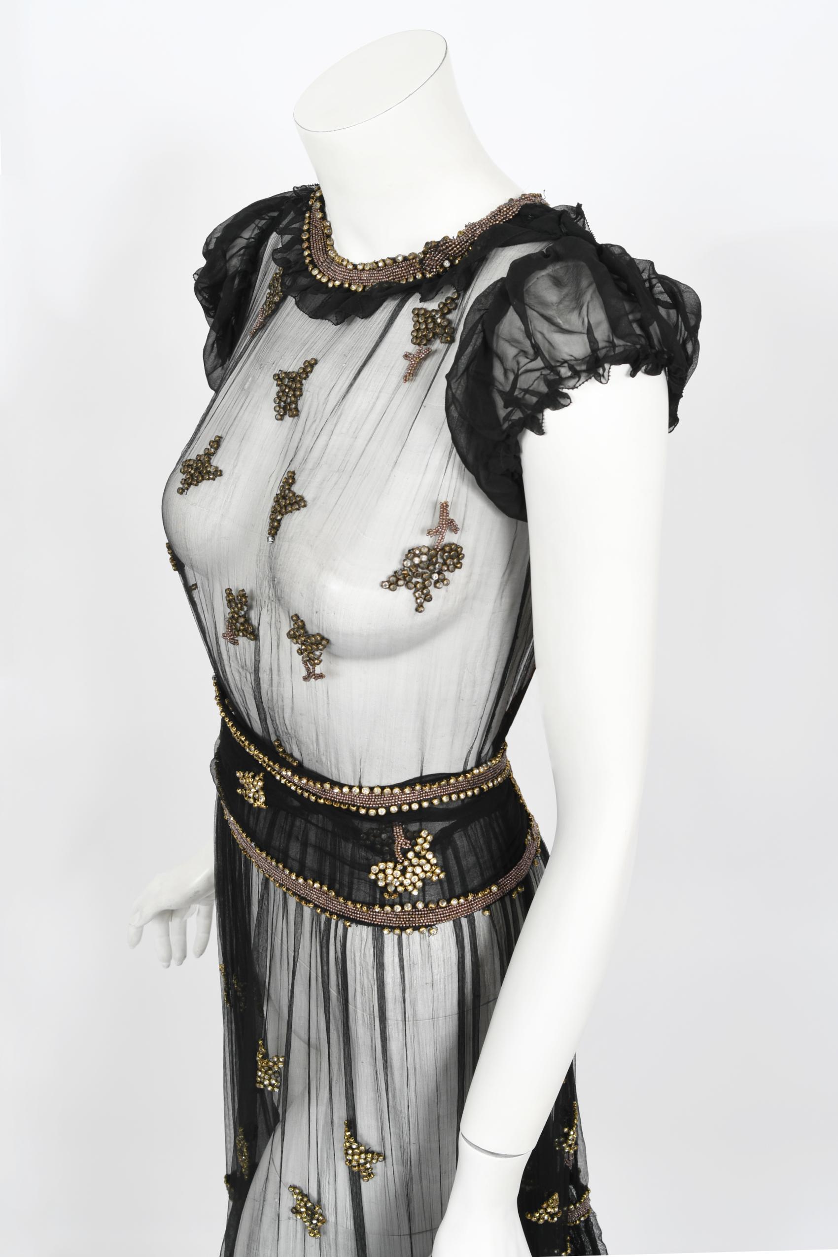 Women's Vintage 1930's Bette Davis Owned Old Hollywood Sheer Beaded Silk Couture Dress For Sale