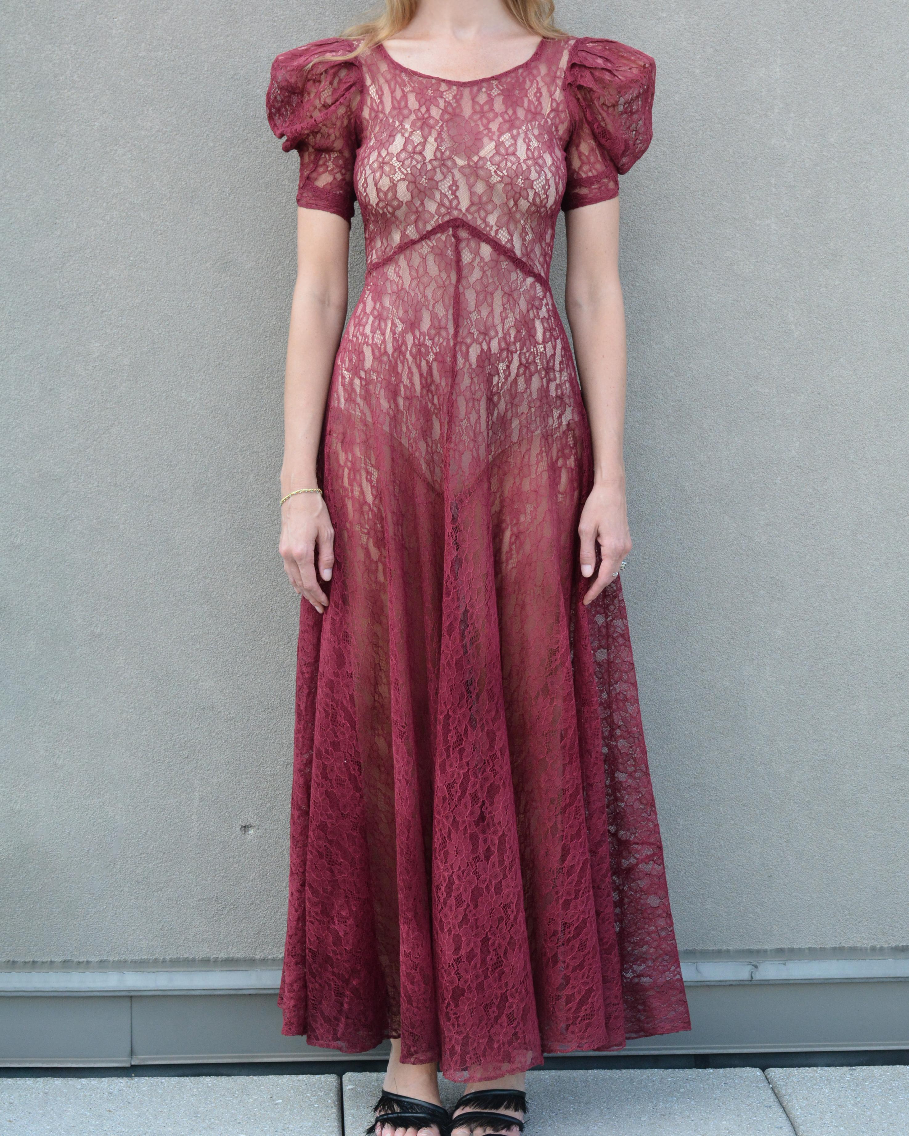 Brown Vintage 1930s Bias-Cut Chantilly Lace Dress For Sale