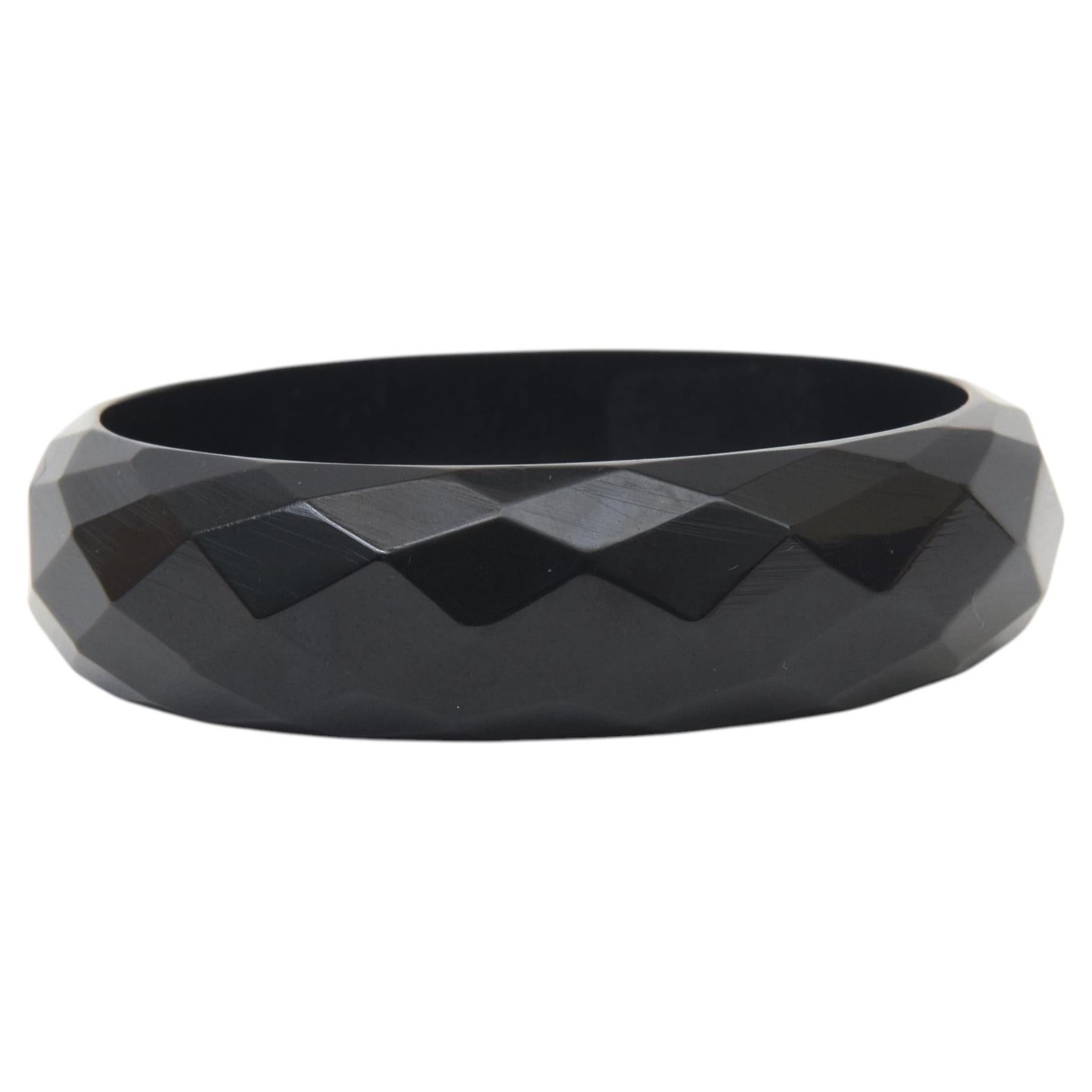 Vintage 1930's Black Bakelite Bangle Bracelet With Faceted Design