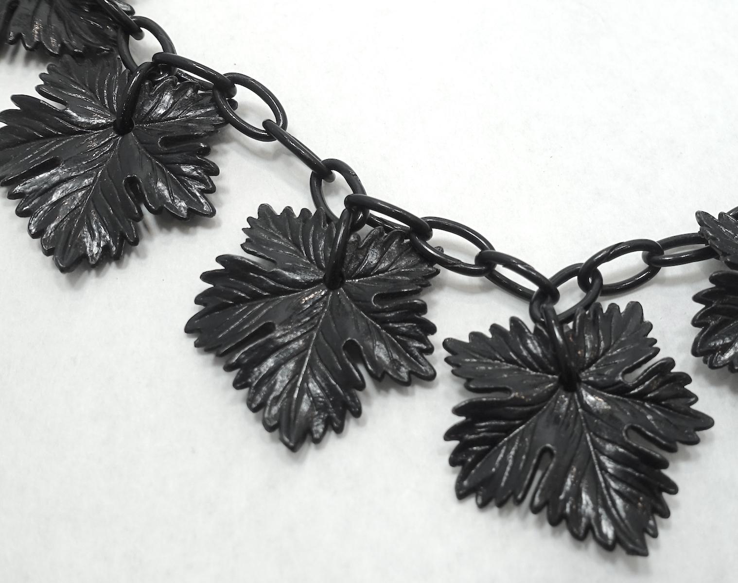 Women's Vintage 1930s Black Celluloid Carved Leaves Drop Necklace For Sale