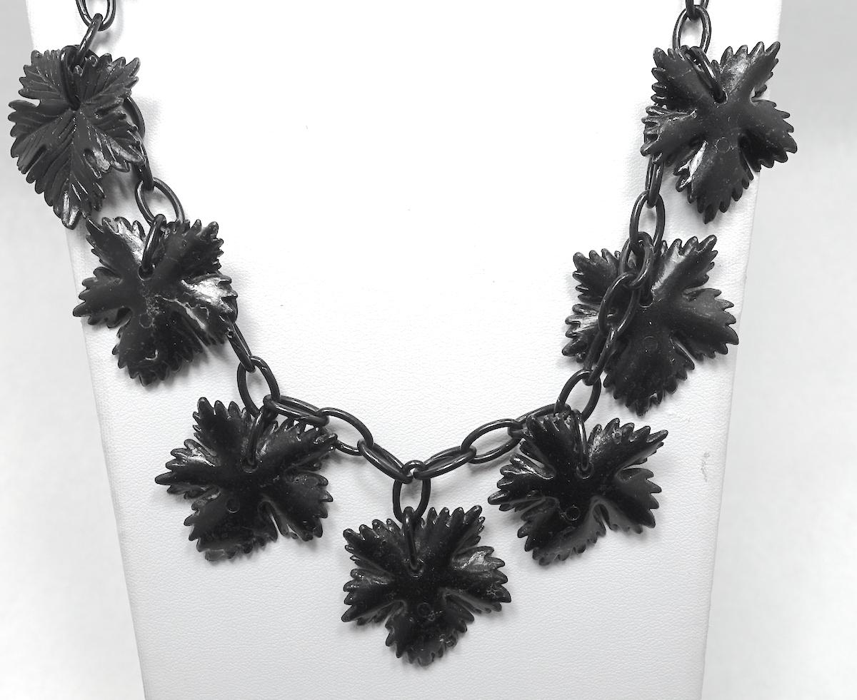 Vintage 1930s Black Celluloid Carved Leaves Drop Necklace For Sale 1