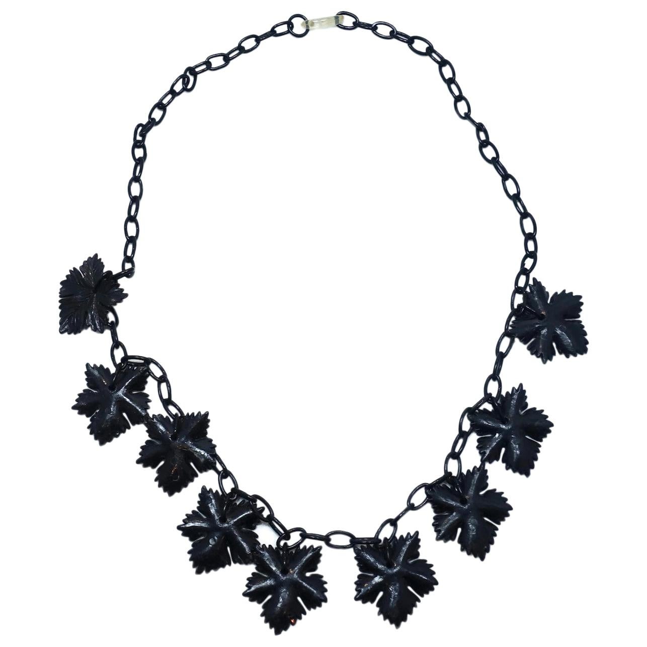 Vintage 1930s Black Celluloid Carved Leaves Drop Necklace For Sale