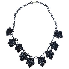Vintage 1930s Black Celluloid Carved Leaves Drop Necklace