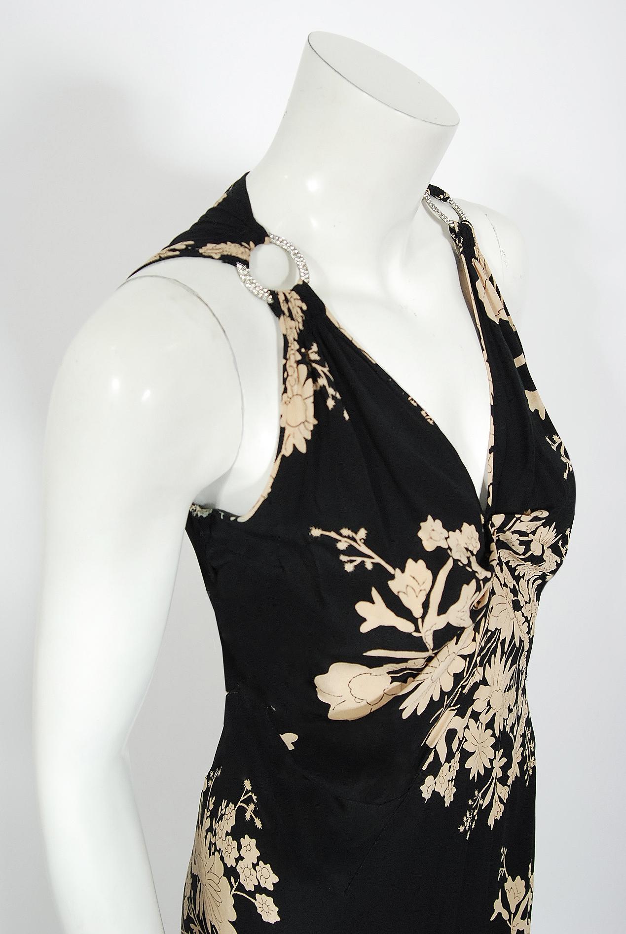 Vintage 1930's Black & Cream Floral Print Silk Sleeveless Bias-Cut Deco Gown In Good Condition In Beverly Hills, CA