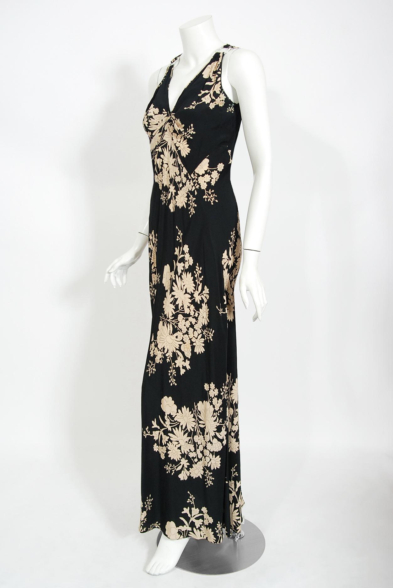 Women's Vintage 1930's Black & Cream Floral Print Silk Sleeveless Bias-Cut Deco Gown
