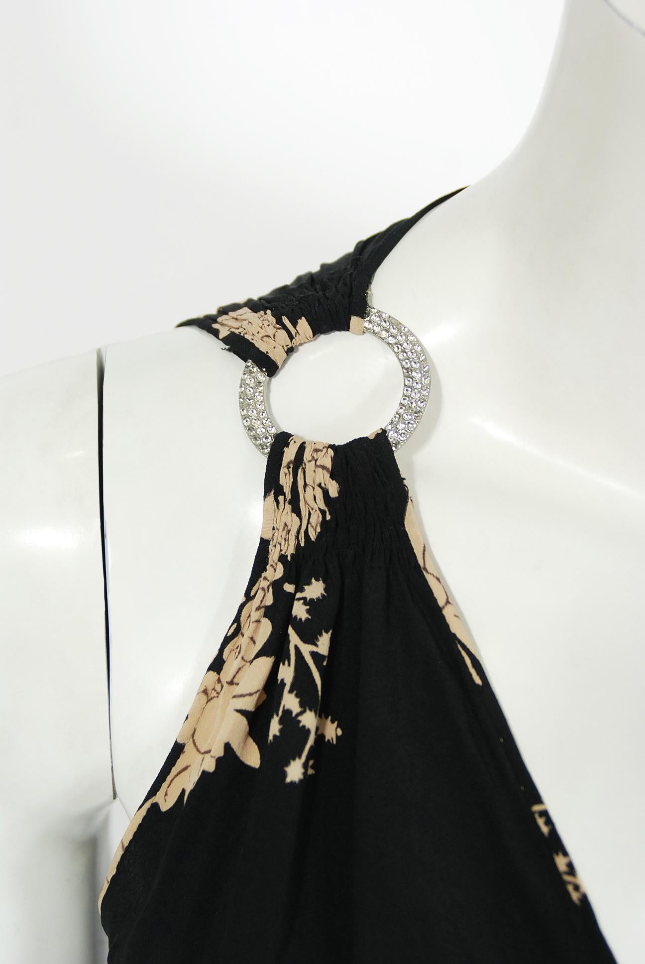 Vintage 1930's Black & Cream Floral Print Silk Sleeveless Bias-Cut Deco Gown 1