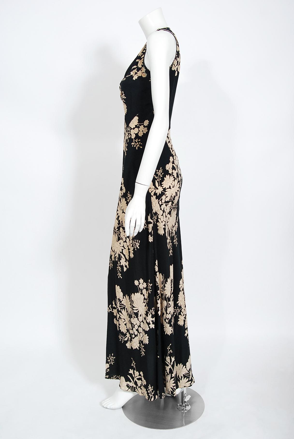 Vintage 1930's Black & Cream Floral Print Silk Sleeveless Bias-Cut Deco Gown 3