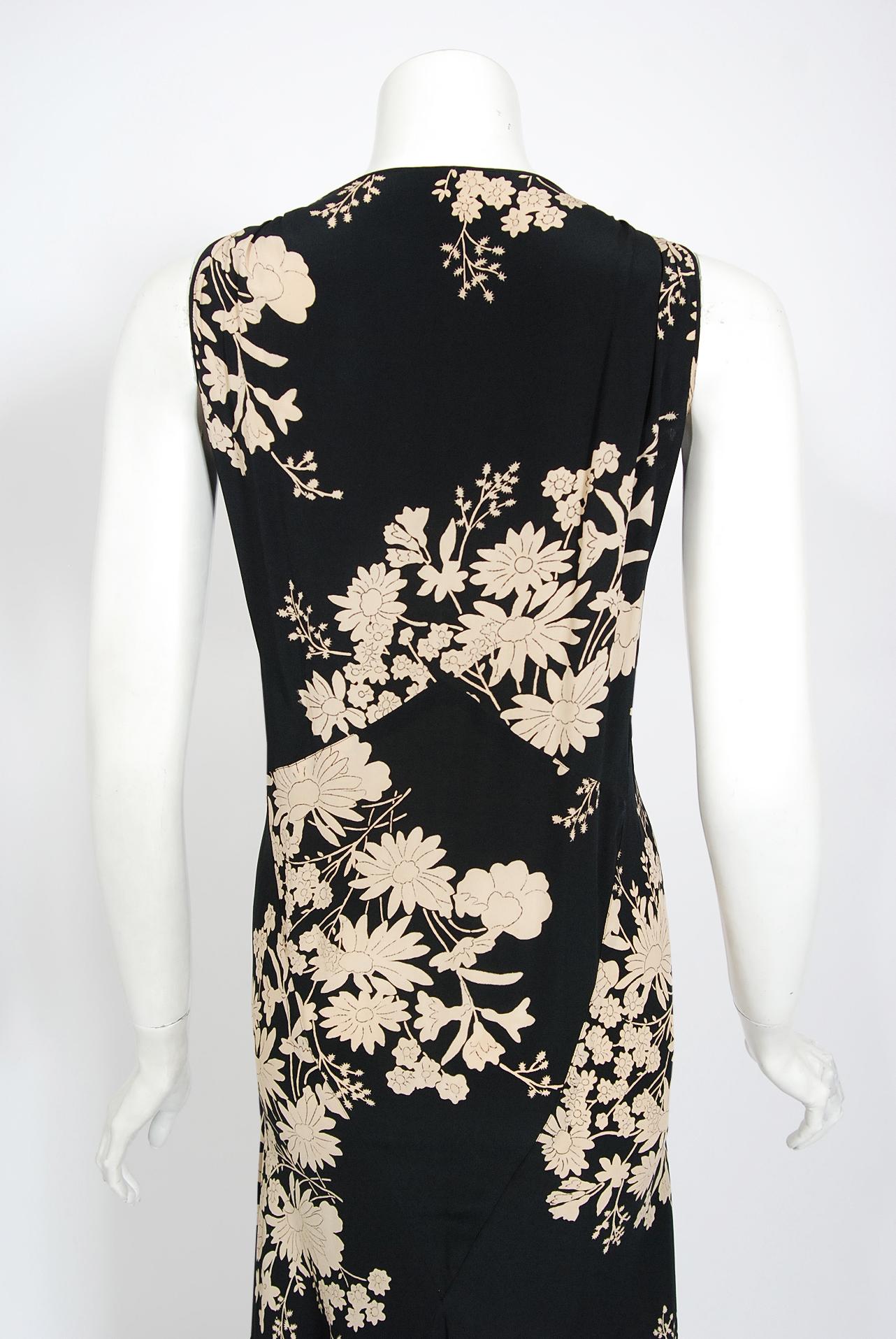 Vintage 1930's Black & Cream Floral Print Silk Sleeveless Bias-Cut Deco Gown 4
