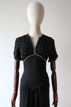 Vintage 1930's Black Crepe Silk Rhinestone Neckline Dress Art deco UK 6 US 2