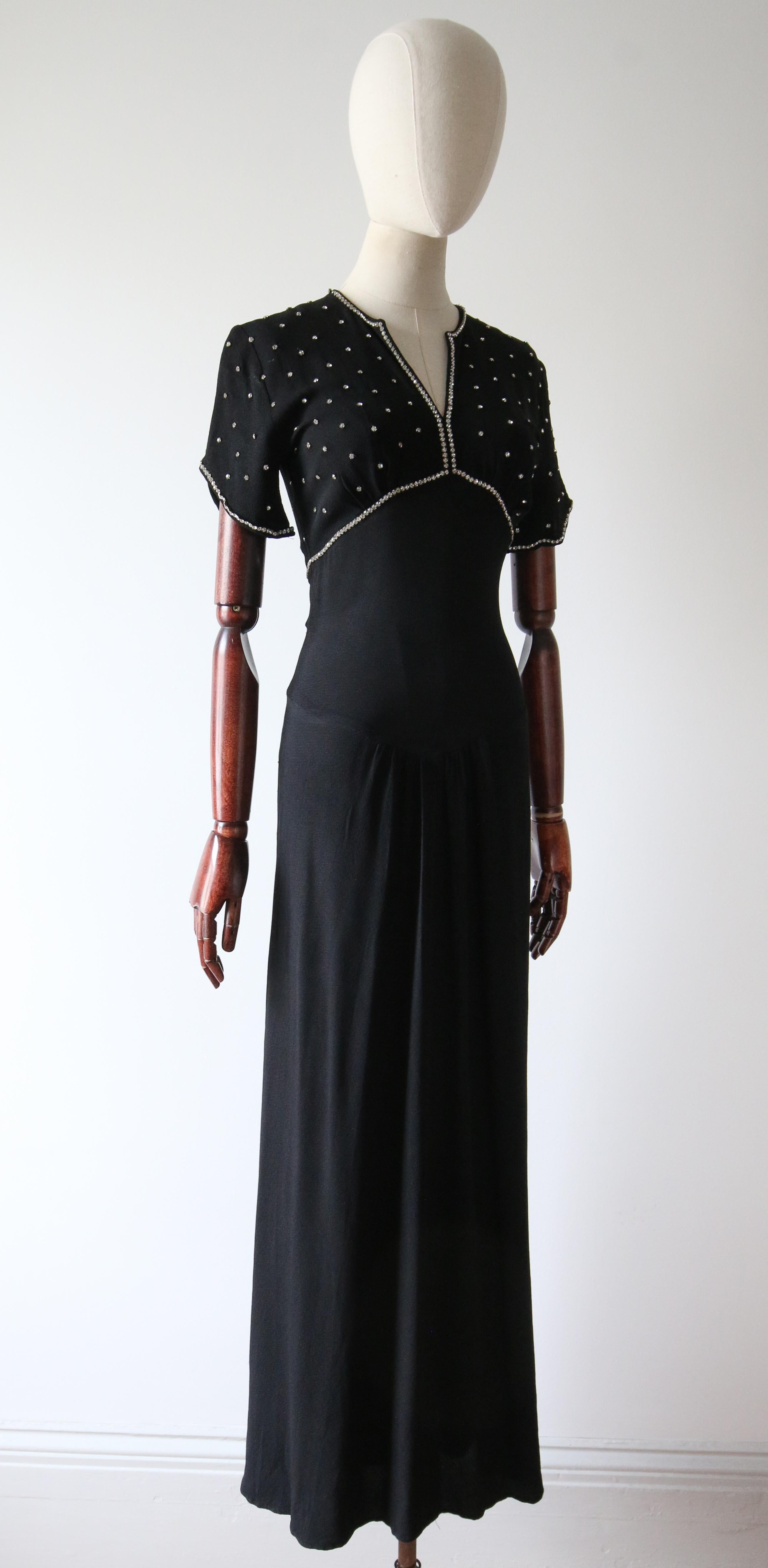 Women's Vintage 1930's Black Crepe Silk Rhinestone Neckline Dress Art deco UK 6 US 2 For Sale