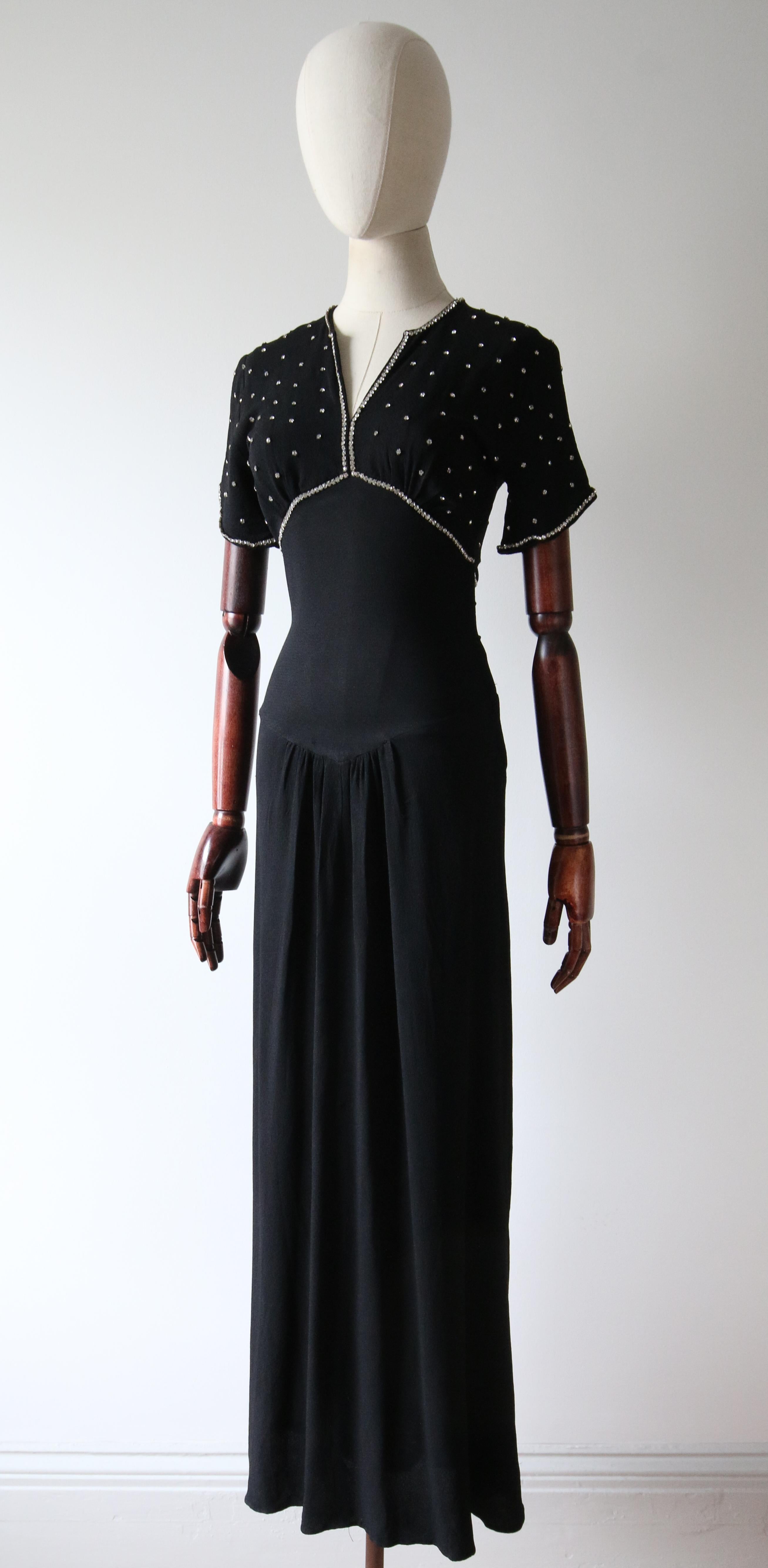 Vintage 1930's Black Crepe Silk Rhinestone Neckline Dress Art deco UK 6 US 2 For Sale 2