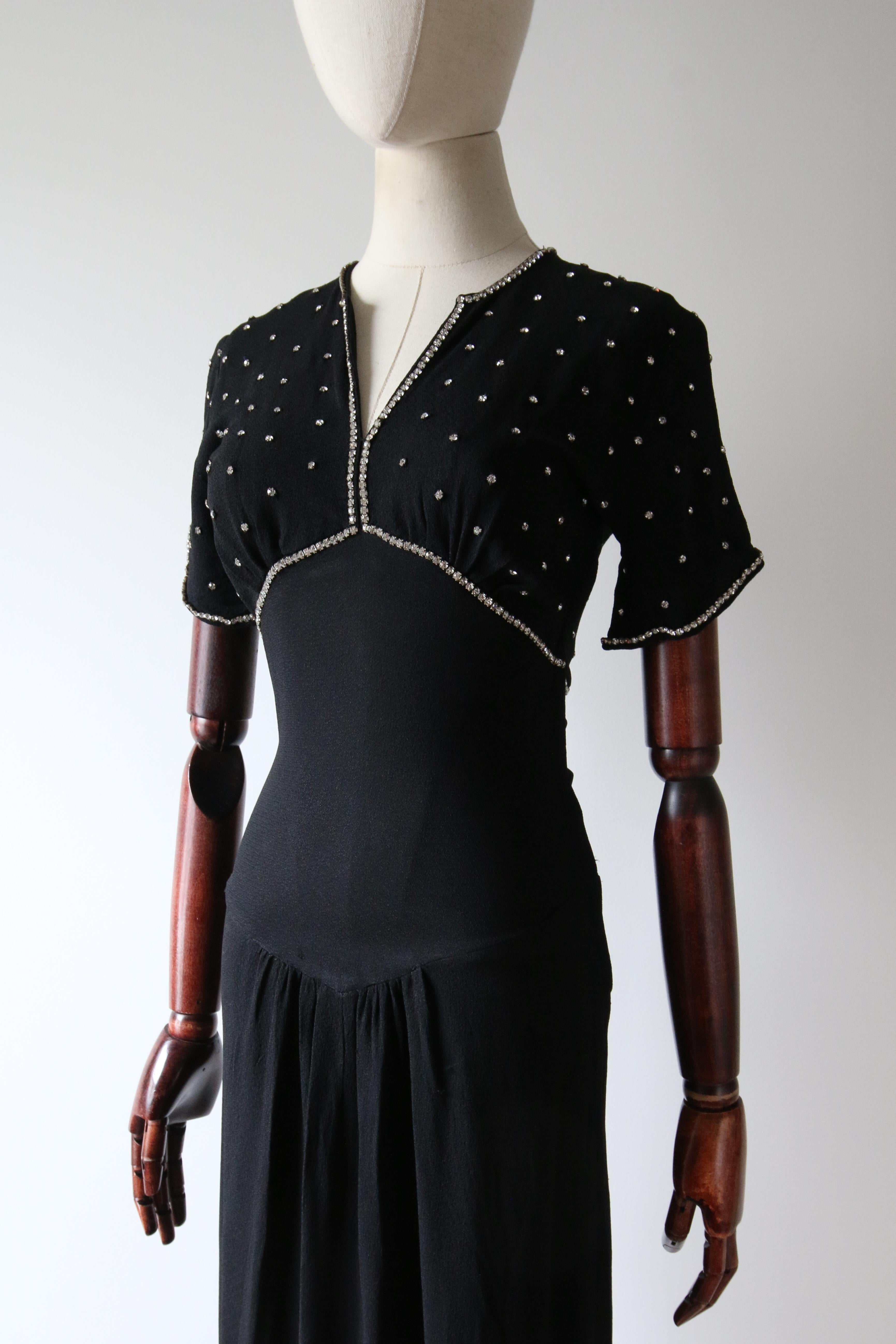 Vintage 1930's Black Crepe Silk Rhinestone Neckline Dress Art deco UK 6 US 2 For Sale 3