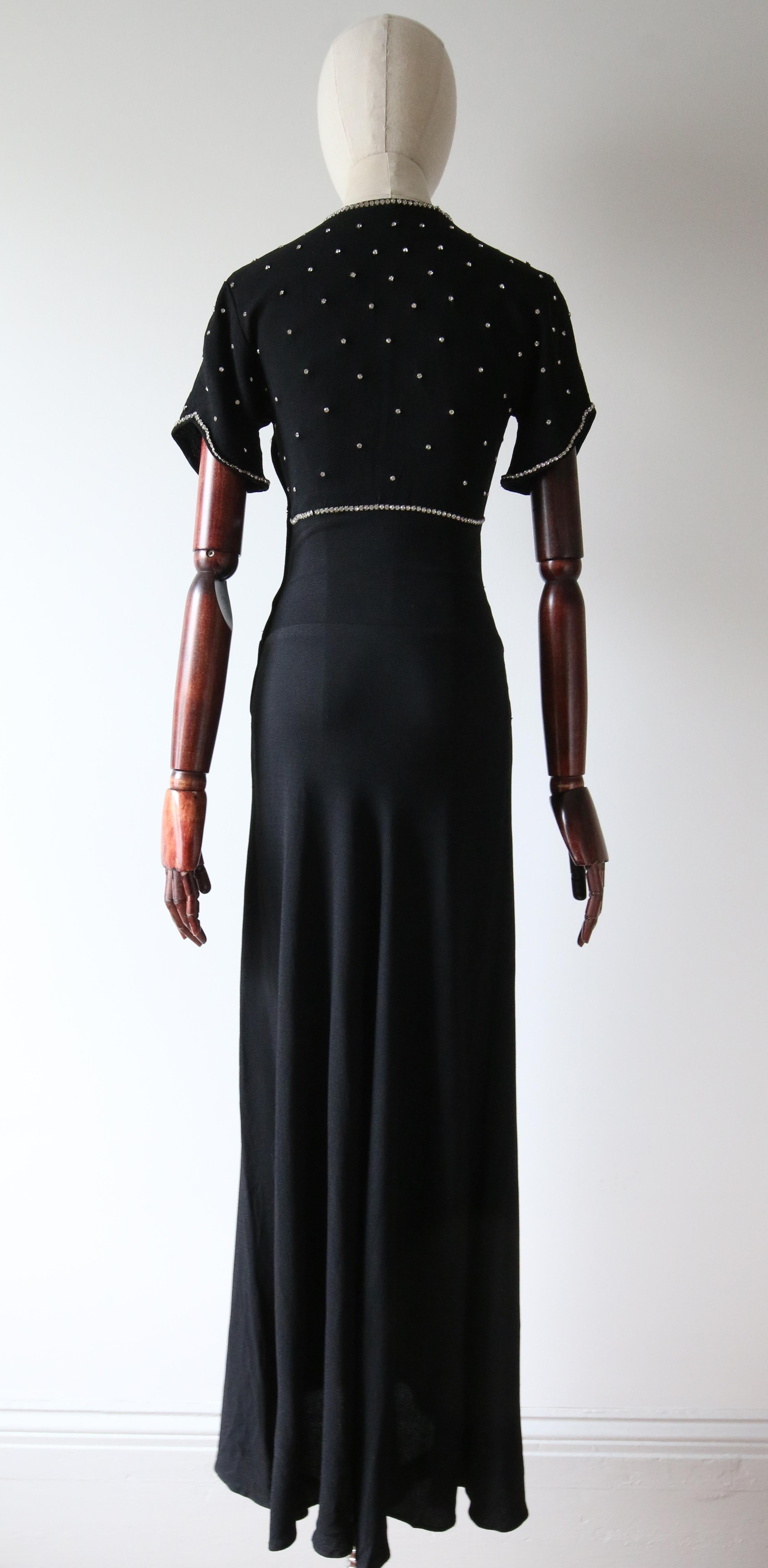 Vintage 1930's Black Crepe Silk Rhinestone Neckline Dress Art deco UK 6 US 2 For Sale 4