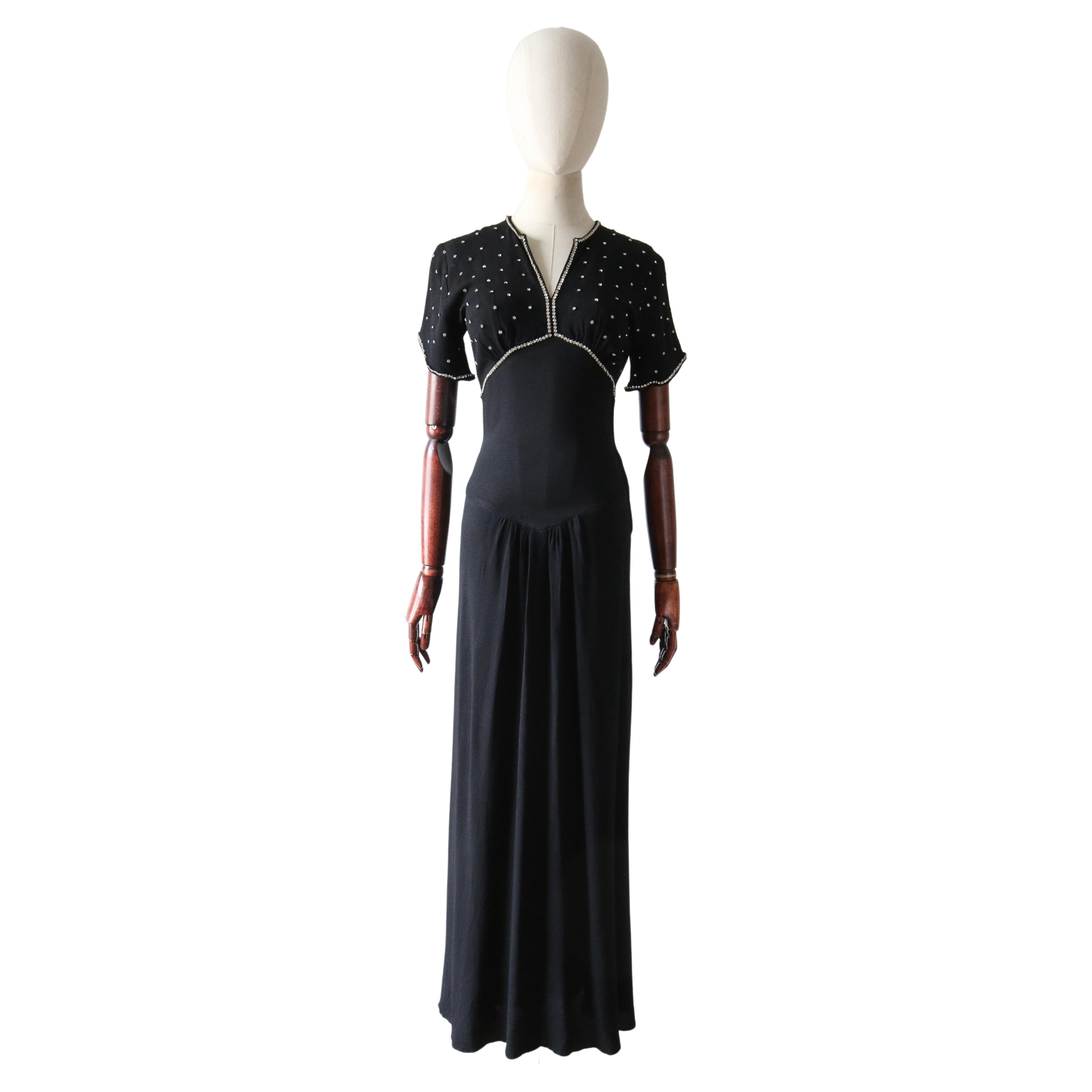 Vintage 1930's Schwarzer Krepp Seide Strass Ausschnitt Kleid Art deco UK 6 US 2