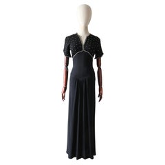 Vintage 1930's Black Crepe Silk Rhinestone Neckline Dress Art deco UK 6 US 2