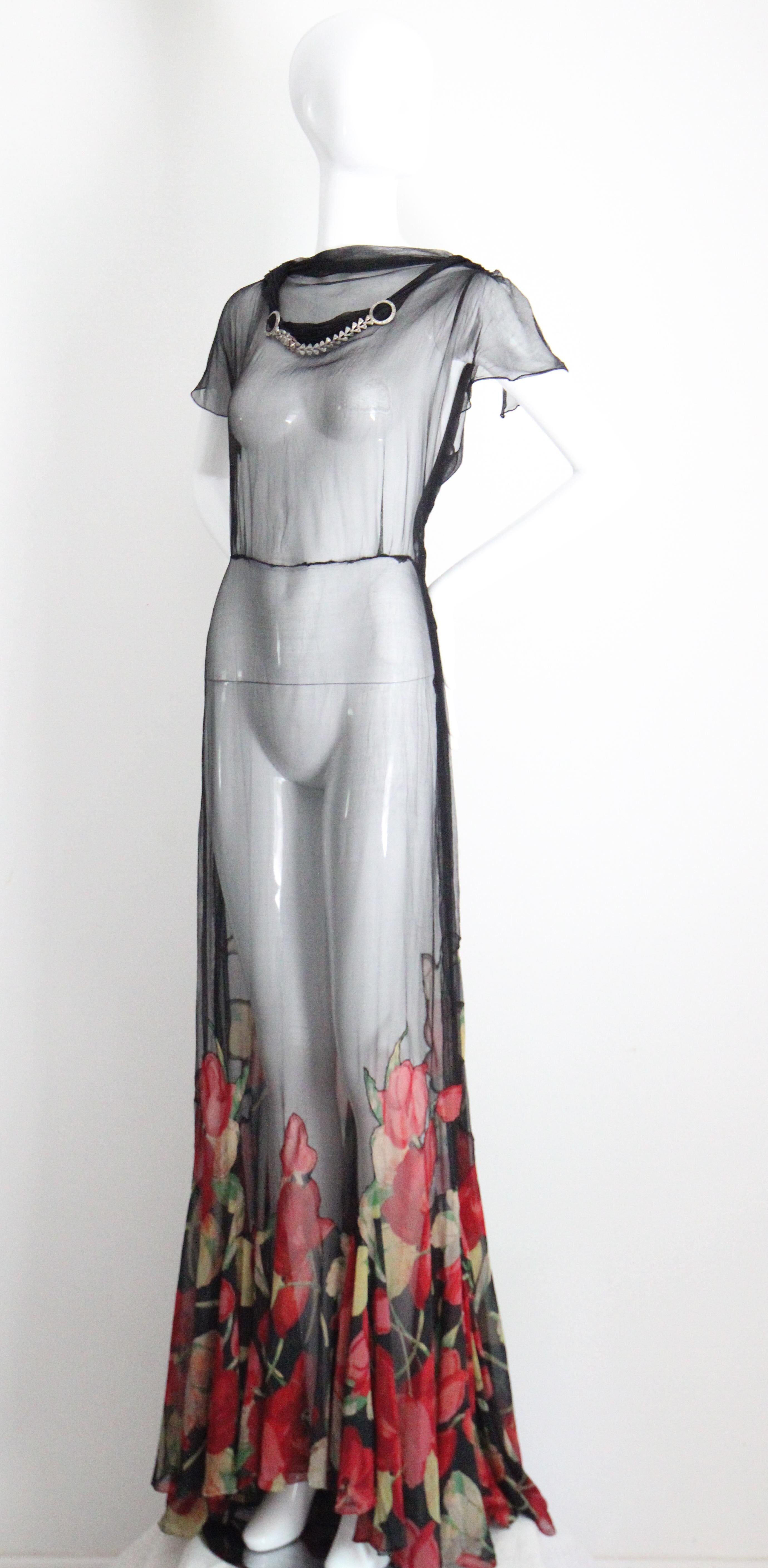 Vintage 1930s Black Floral Evening Gown Silk Chiffon Cotton Voile UK 10 US 6 en vente 5