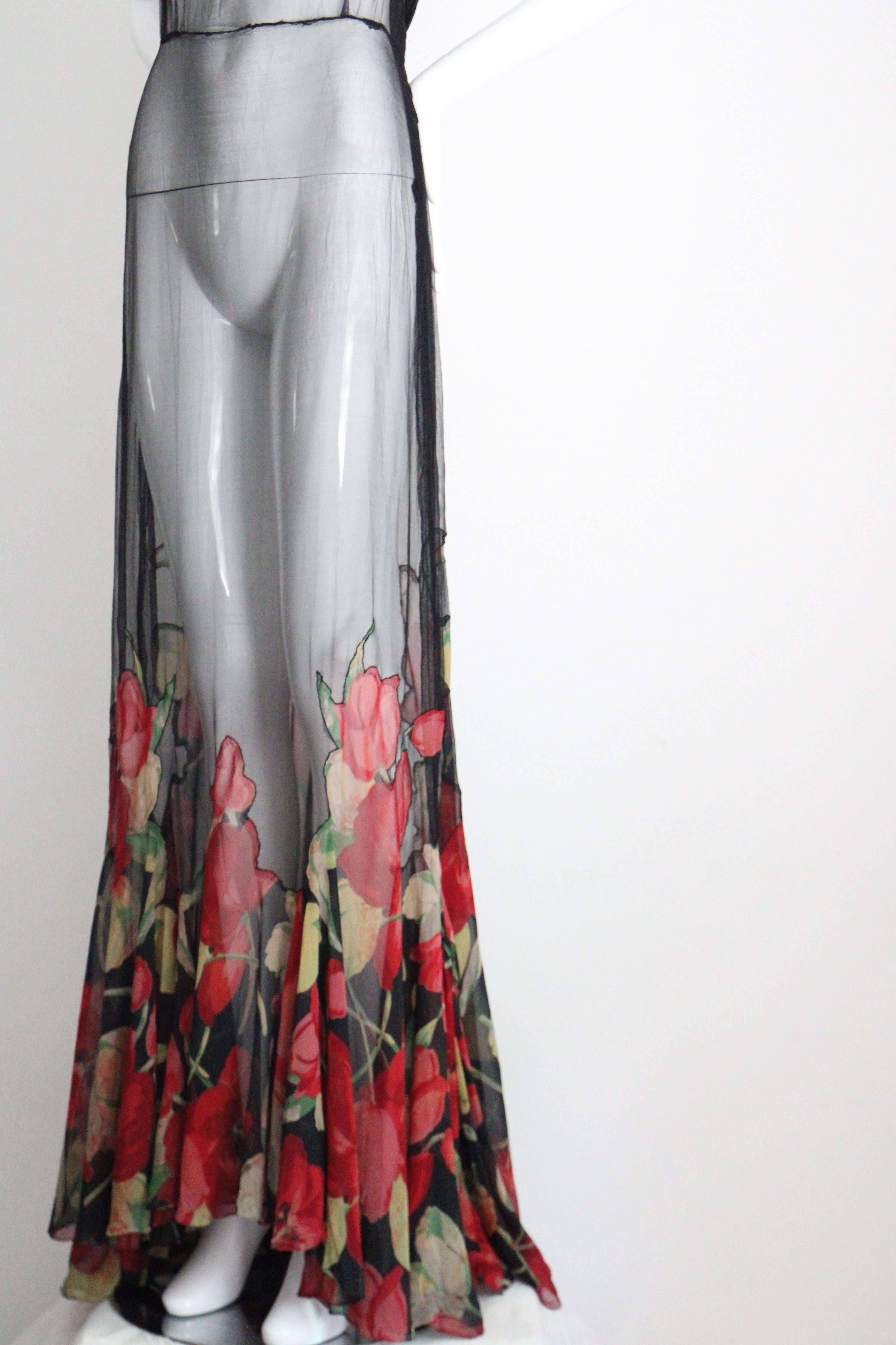 Vintage 1930s Black Floral Evening Gown Silk Chiffon Cotton Voile UK 10 US 6 en vente 6