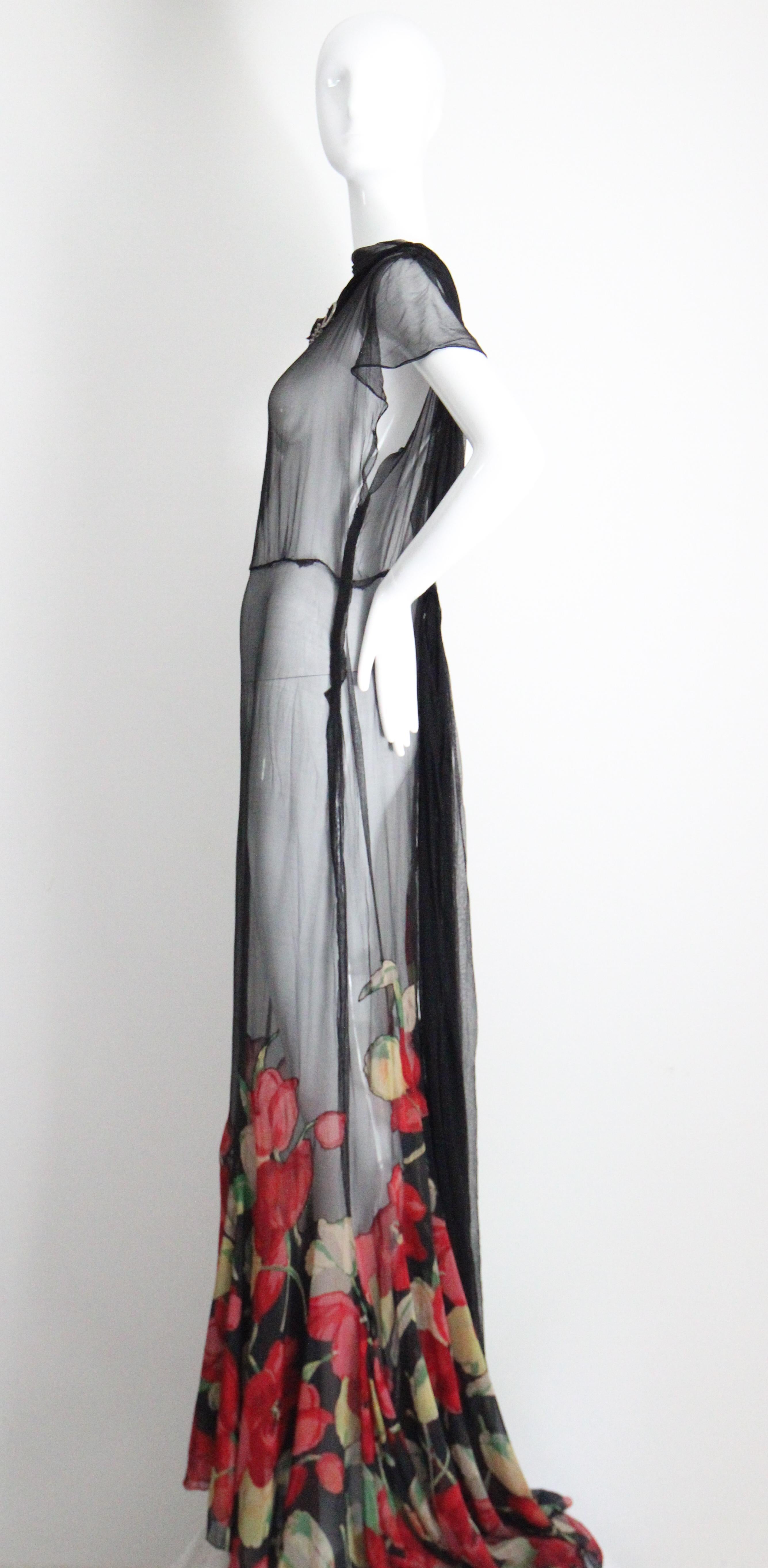 Vintage 1930s Black Floral Evening Gown Silk Chiffon Cotton Voile UK 10 US 6 en vente 8