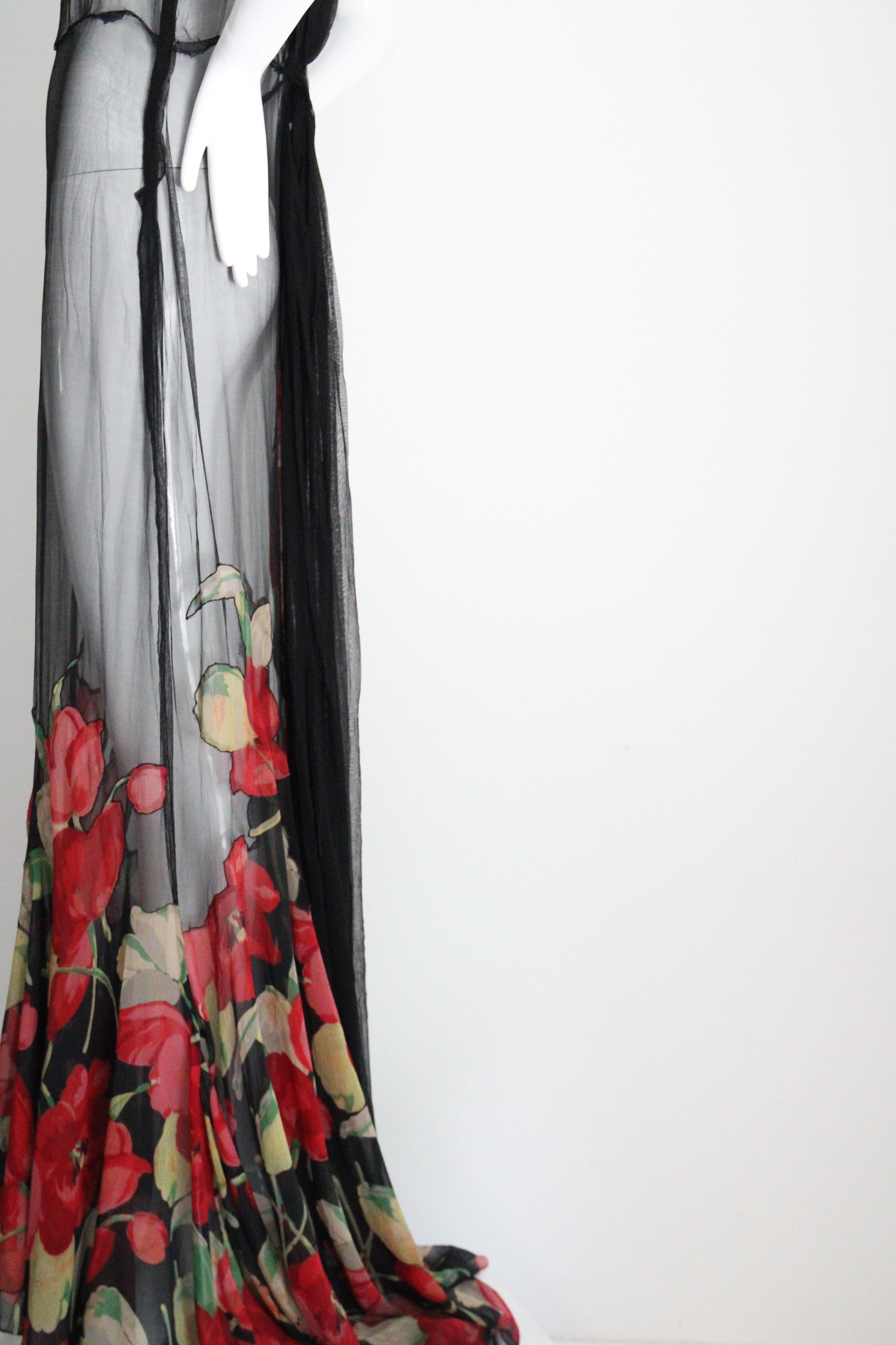 Vintage 1930s Black Floral Evening Gown Silk Chiffon Cotton Voile UK 10 US 6 en vente 9