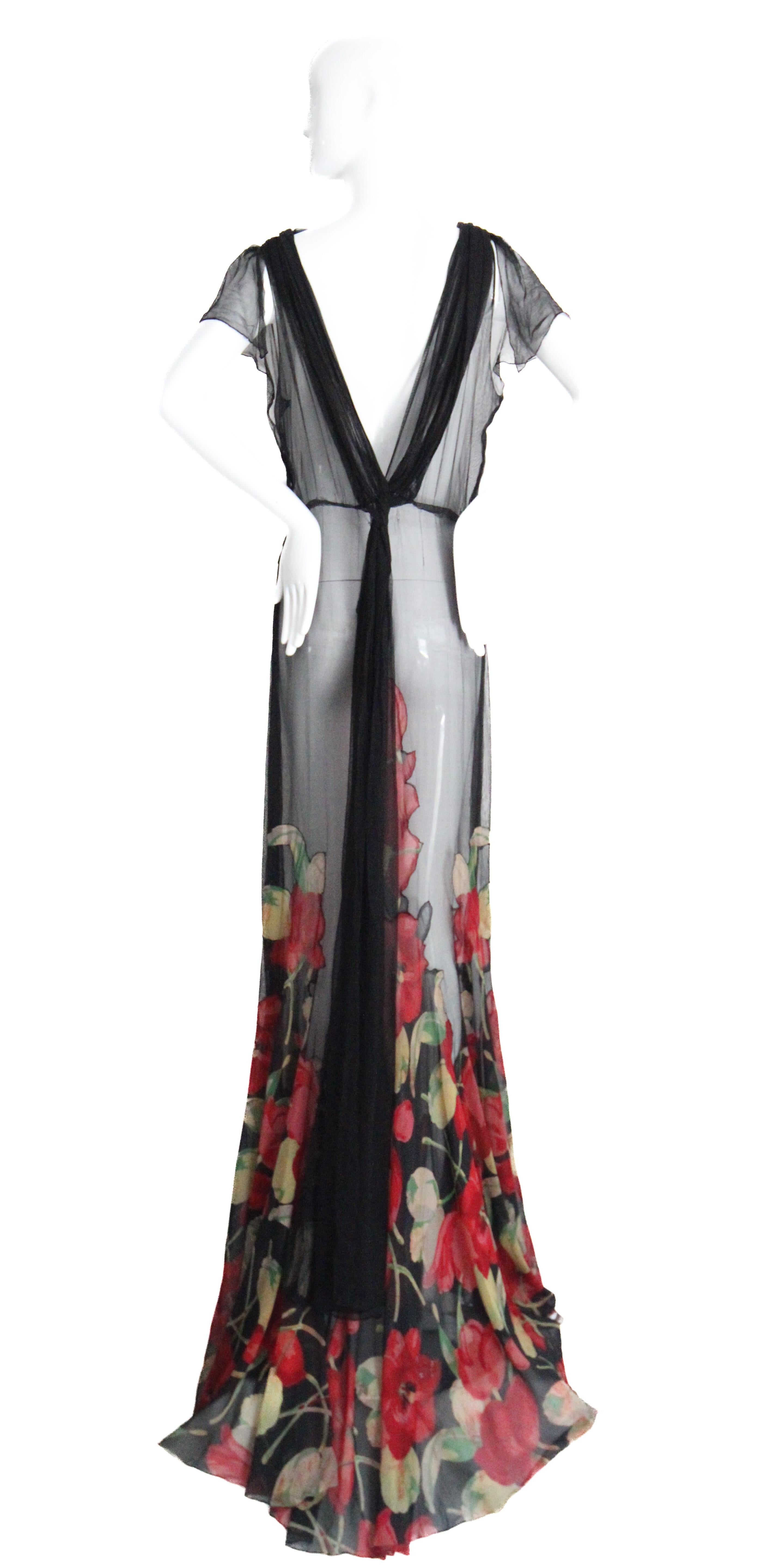 Vintage 1930s Black Floral Evening Gown Silk Chiffon Cotton Voile UK 10 US 6 en vente 10
