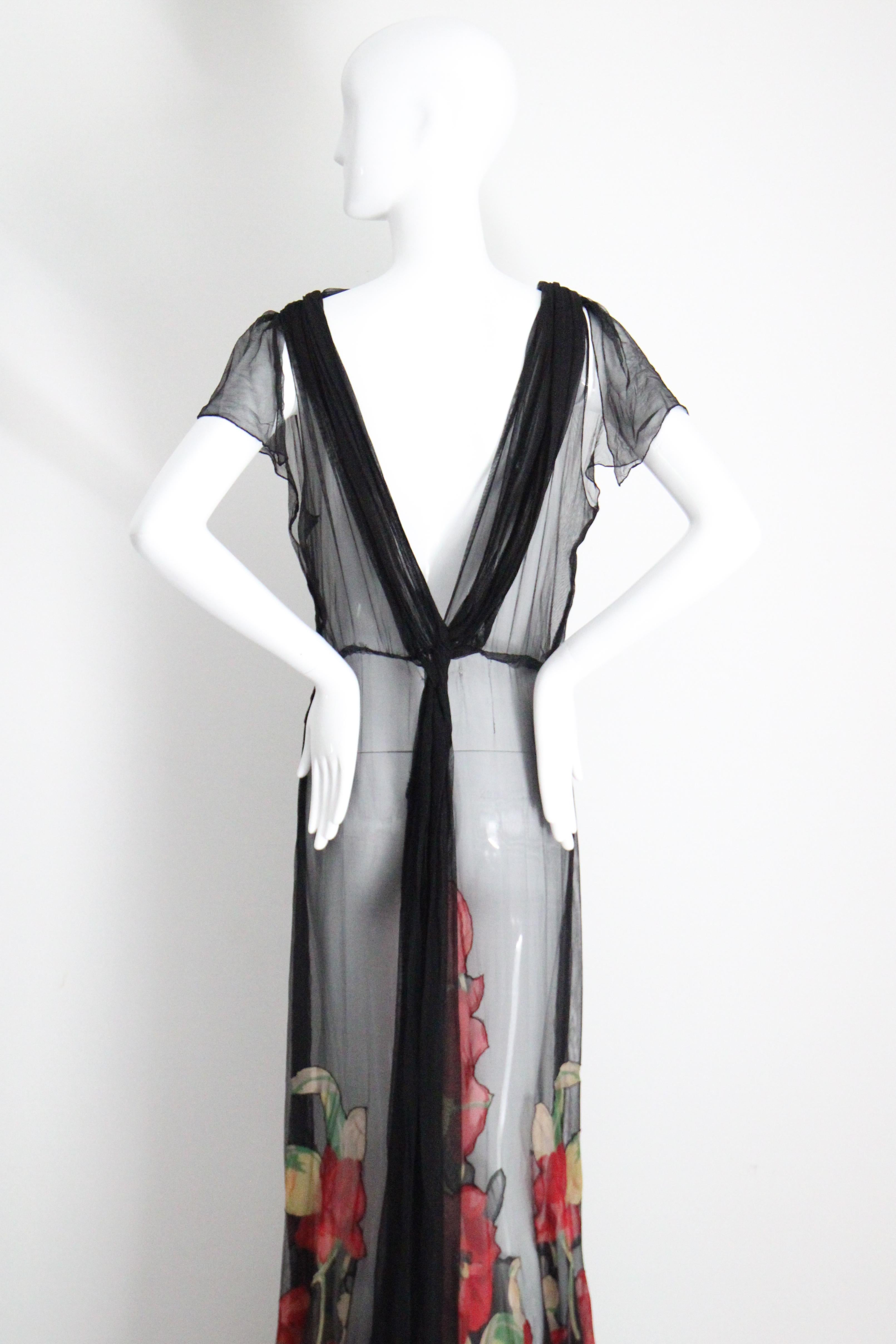 Vintage 1930s Black Floral Evening Gown Silk Chiffon Cotton Voile UK 10 US 6 en vente 11