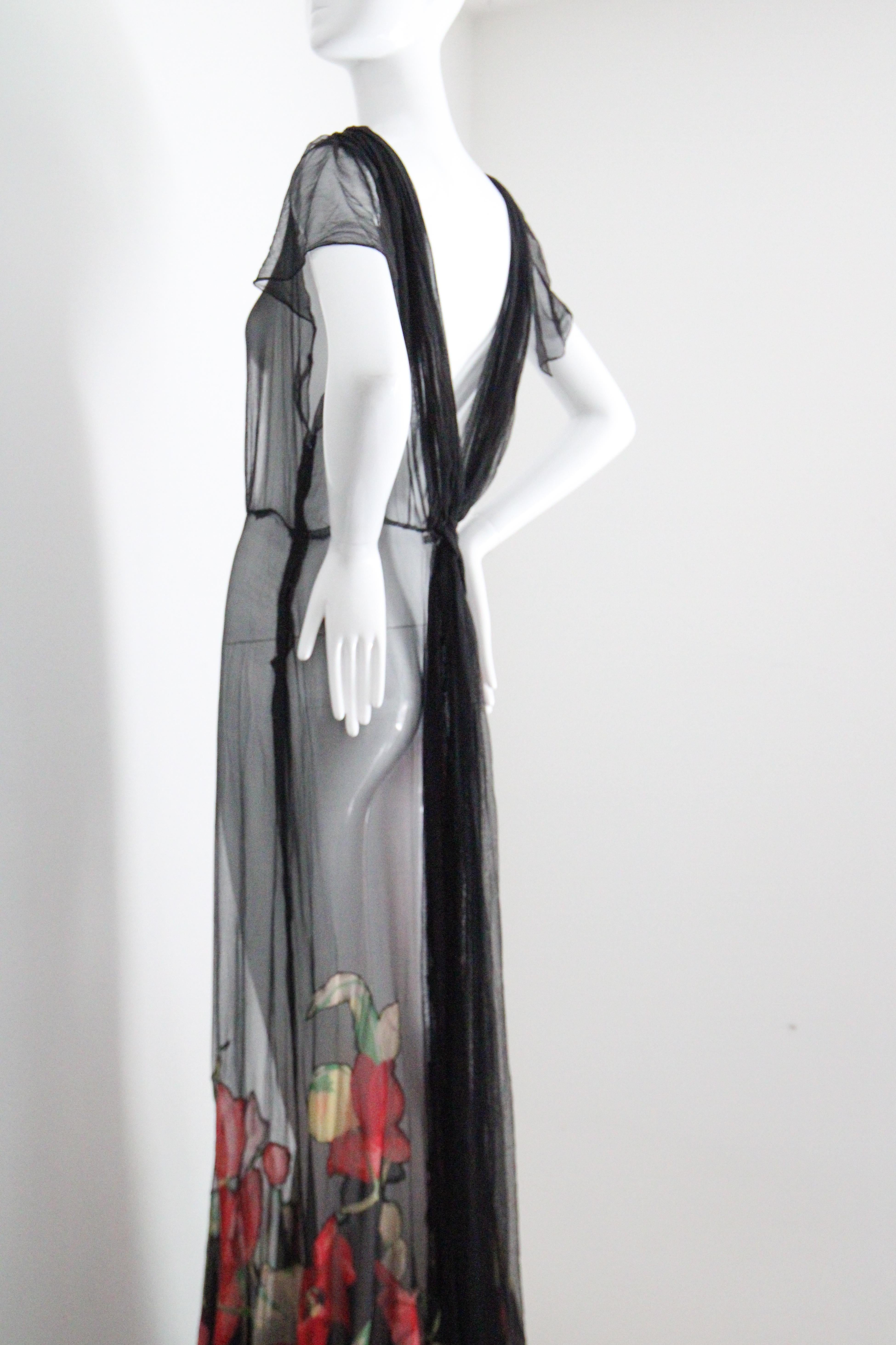 Vintage 1930s Black Floral Evening Gown Silk Chiffon Cotton Voile UK 10 US 6 en vente 12