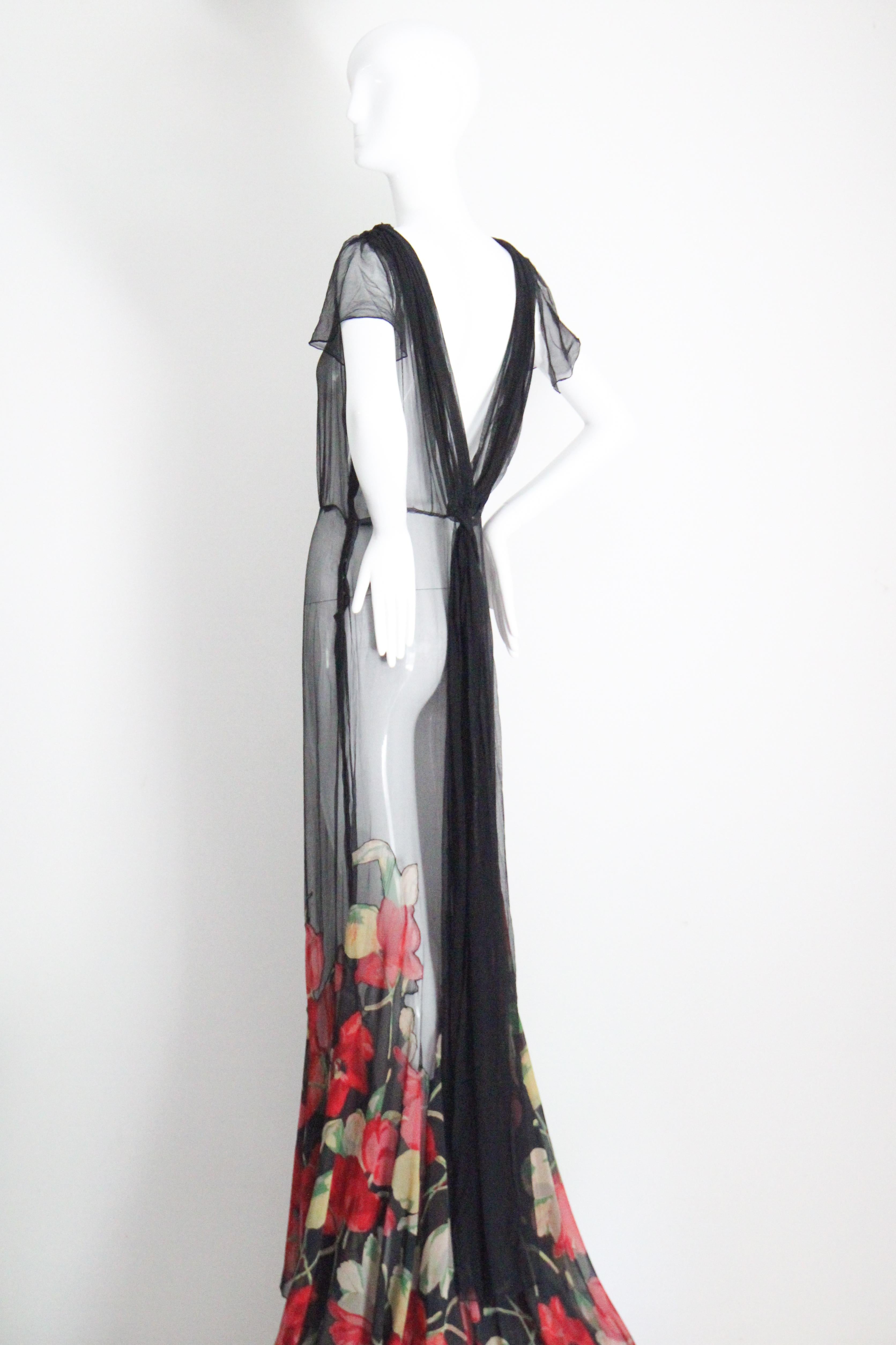 Vintage 1930s Black Floral Evening Gown Silk Chiffon Cotton Voile UK 10 US 6 en vente 13