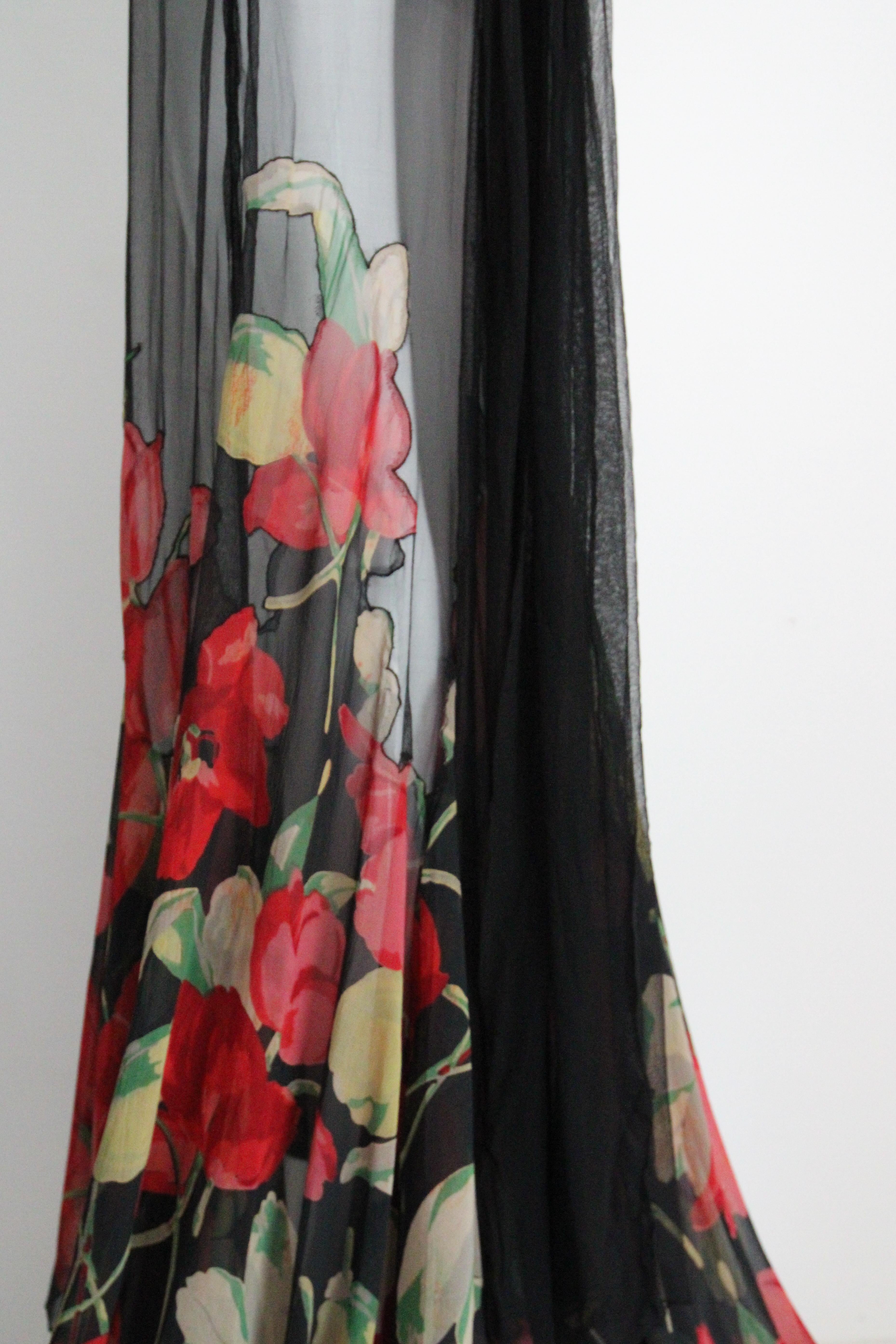 Vintage 1930s Black Floral Evening Gown Silk Chiffon Cotton Voile UK 10 US 6 en vente 14
