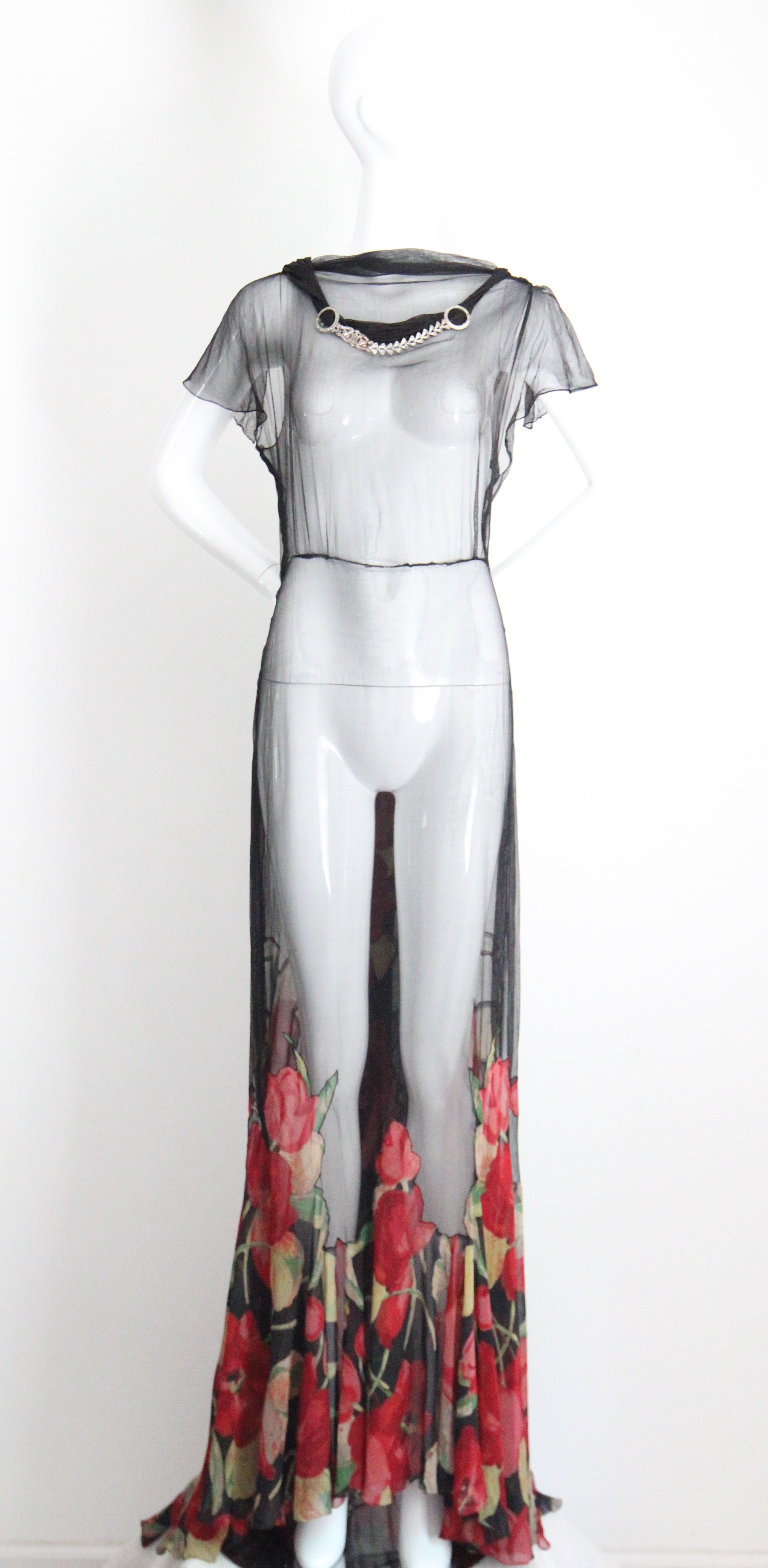 Vintage 1930s Black Floral Evening Gown Silk Chiffon Cotton Voile UK 10 US 6 Pour femmes en vente