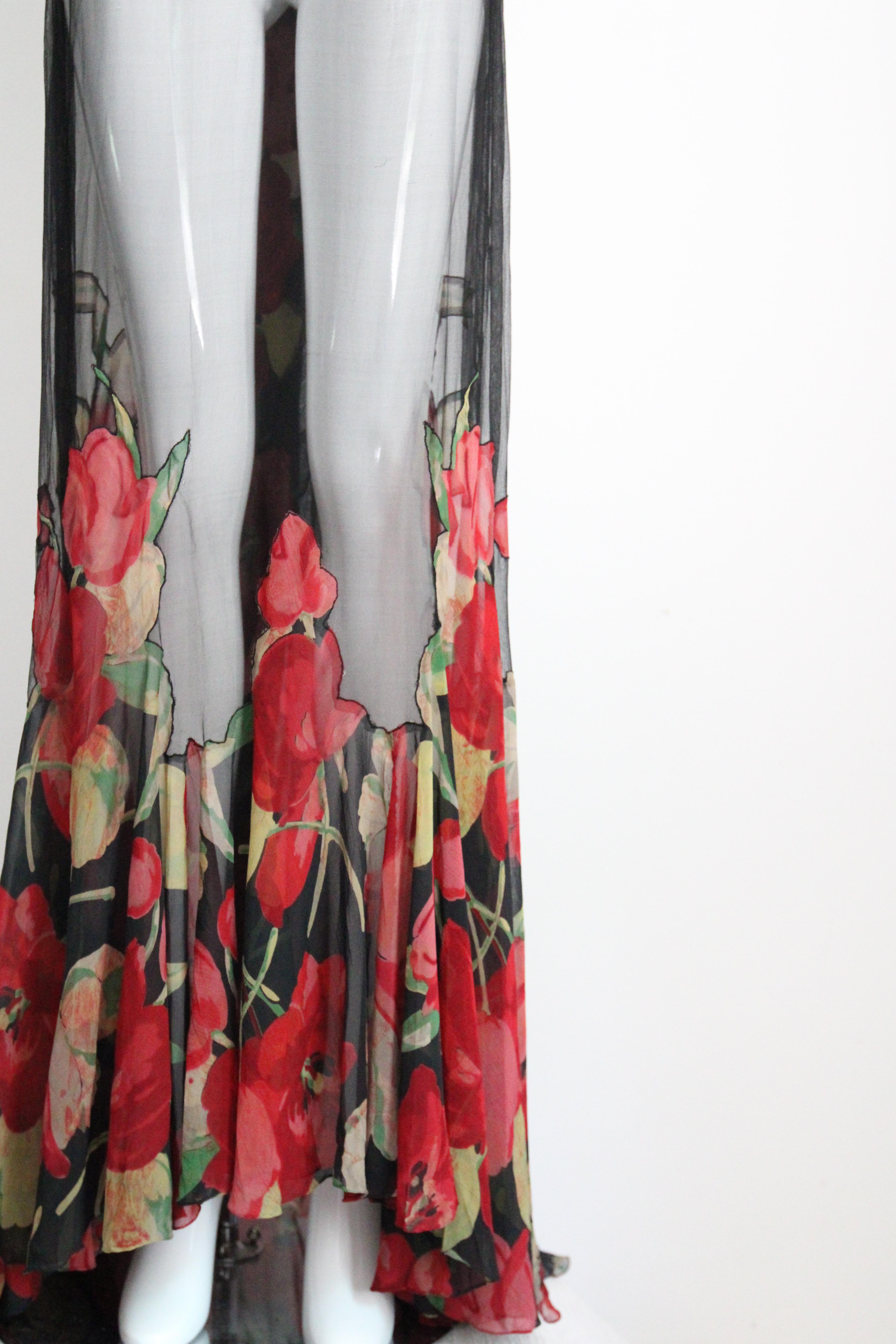 Vintage 1930s Black Floral Evening Gown Silk Chiffon Cotton Voile UK 10 US 6 en vente 1