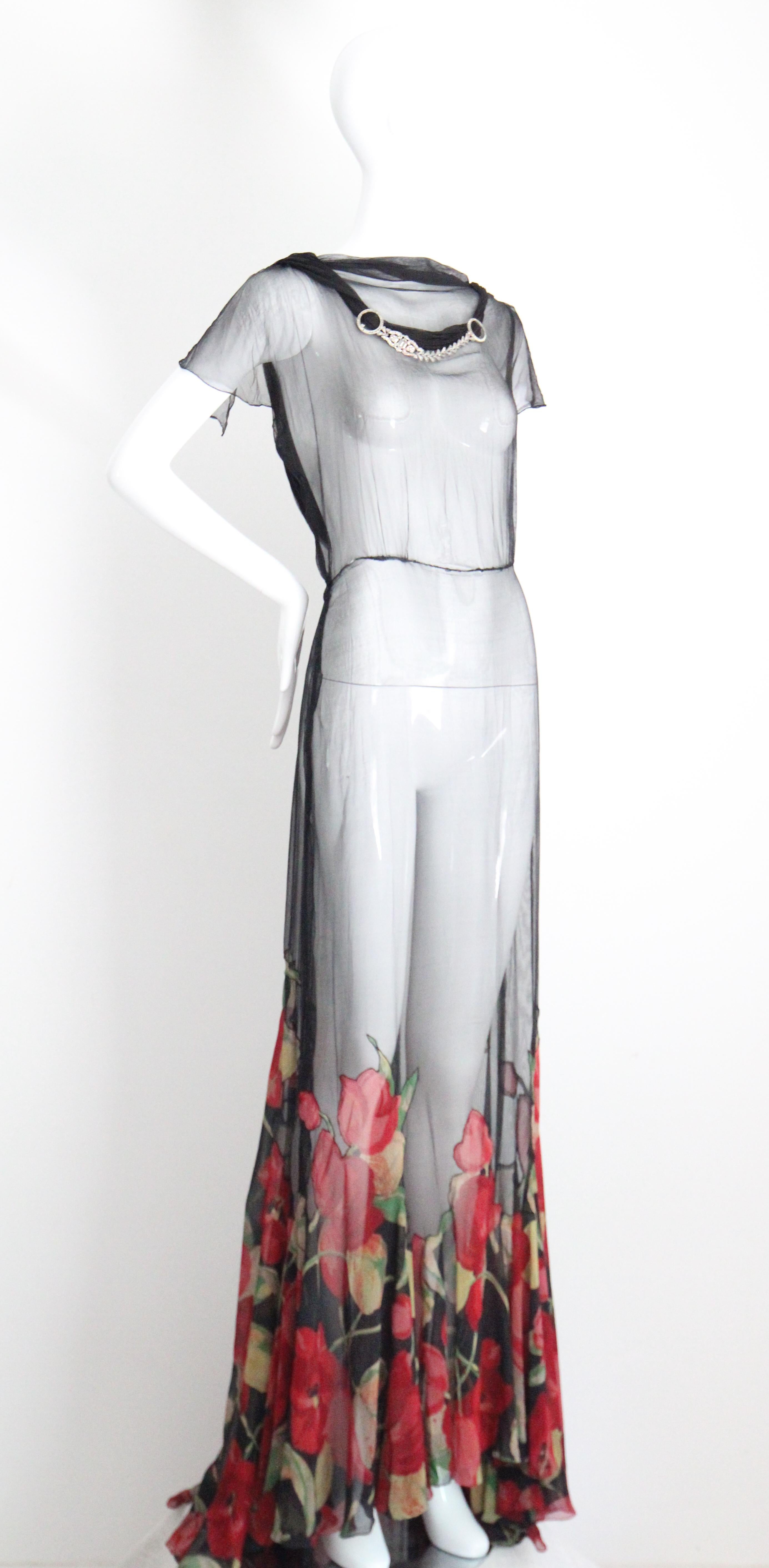 Vintage 1930s Black Floral Evening Gown Silk Chiffon Cotton Voile UK 10 US 6 en vente 2