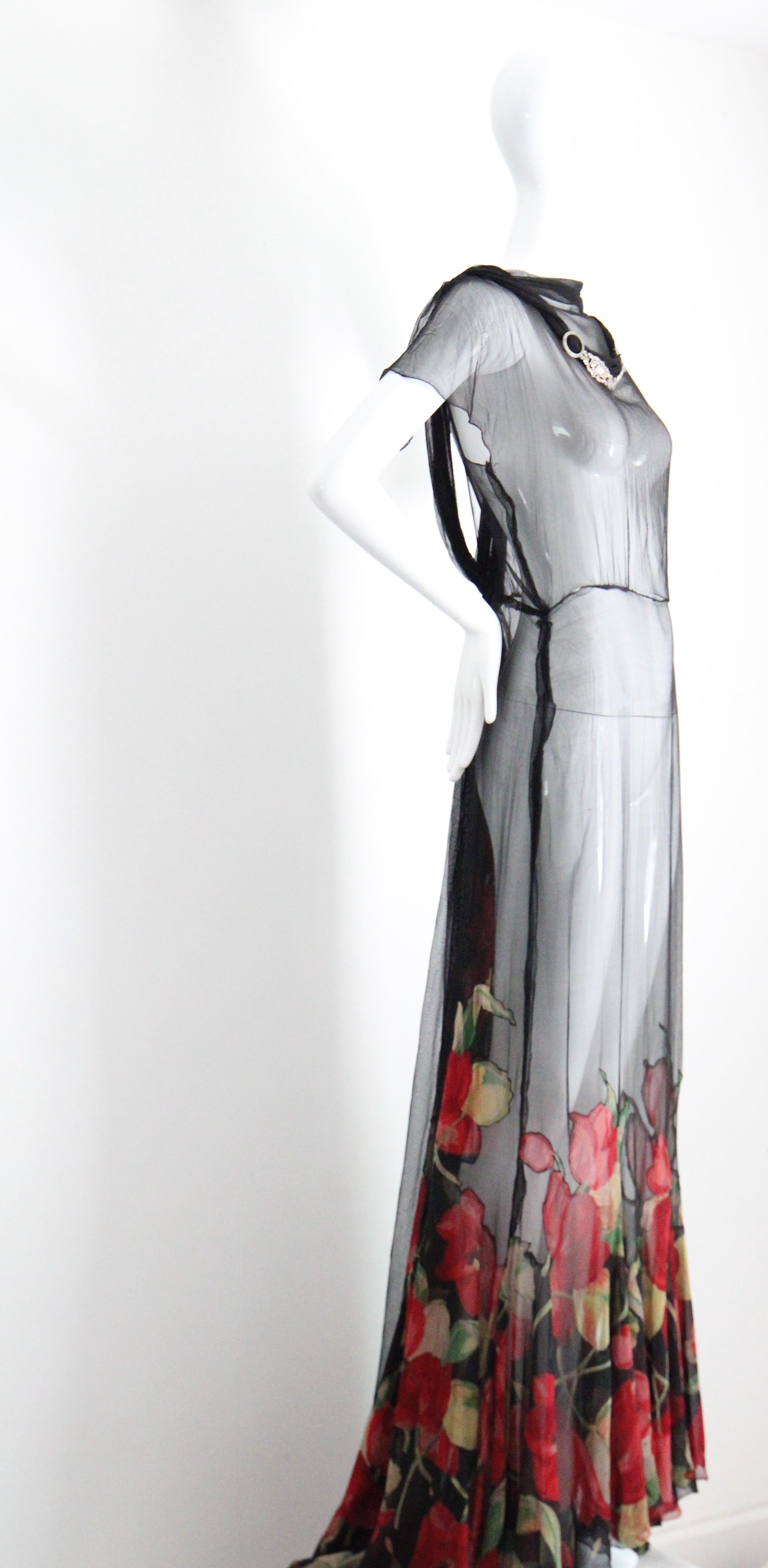 Vintage 1930s Black Floral Evening Gown Silk Chiffon Cotton Voile UK 10 US 6 en vente 4