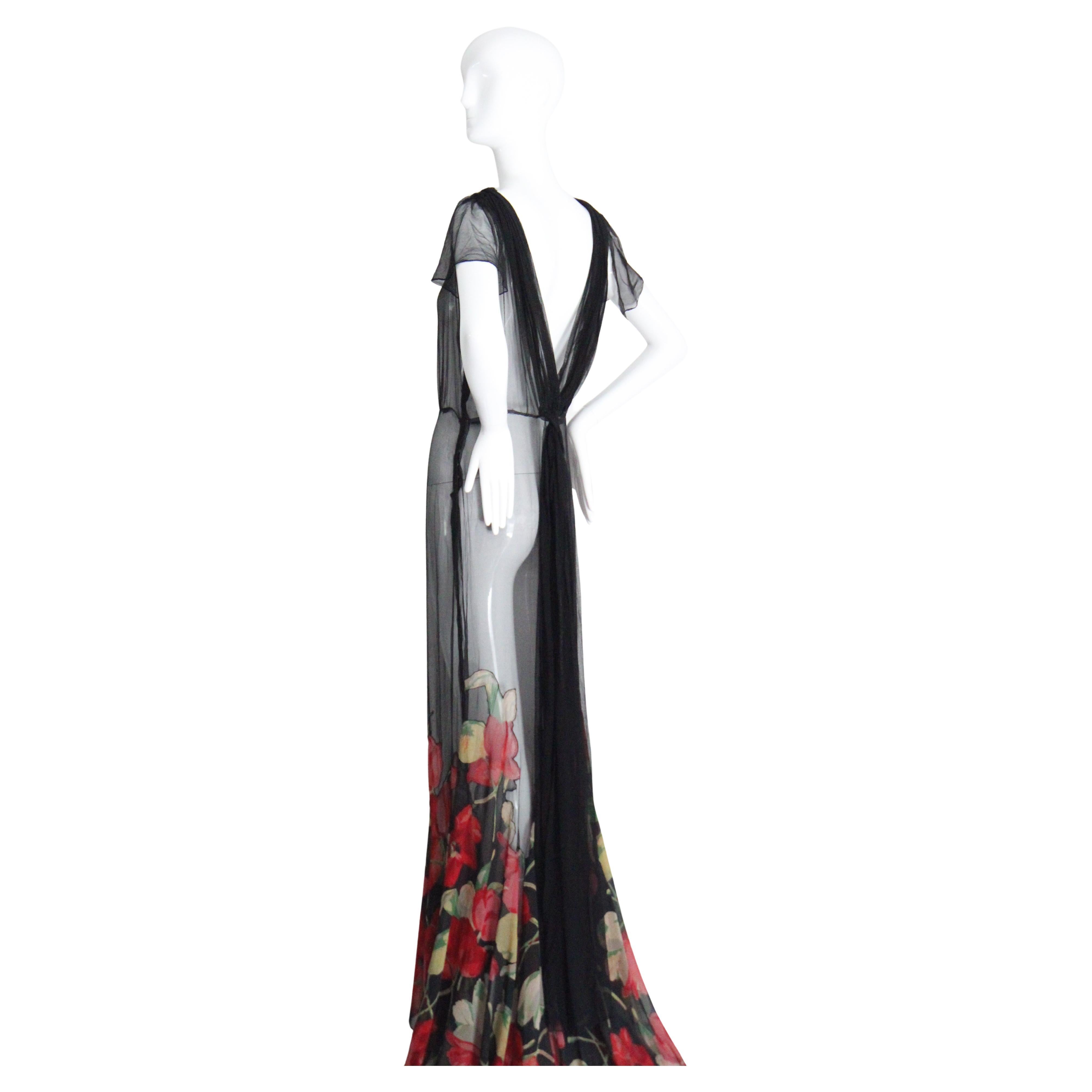 Vintage 1930s Black Floral Evening Gown Silk Chiffon Cotton Voile UK 10 US 6 en vente