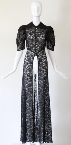 Vintage 1930s Black Floral Lace Gown Lingerie US 4 UK 8