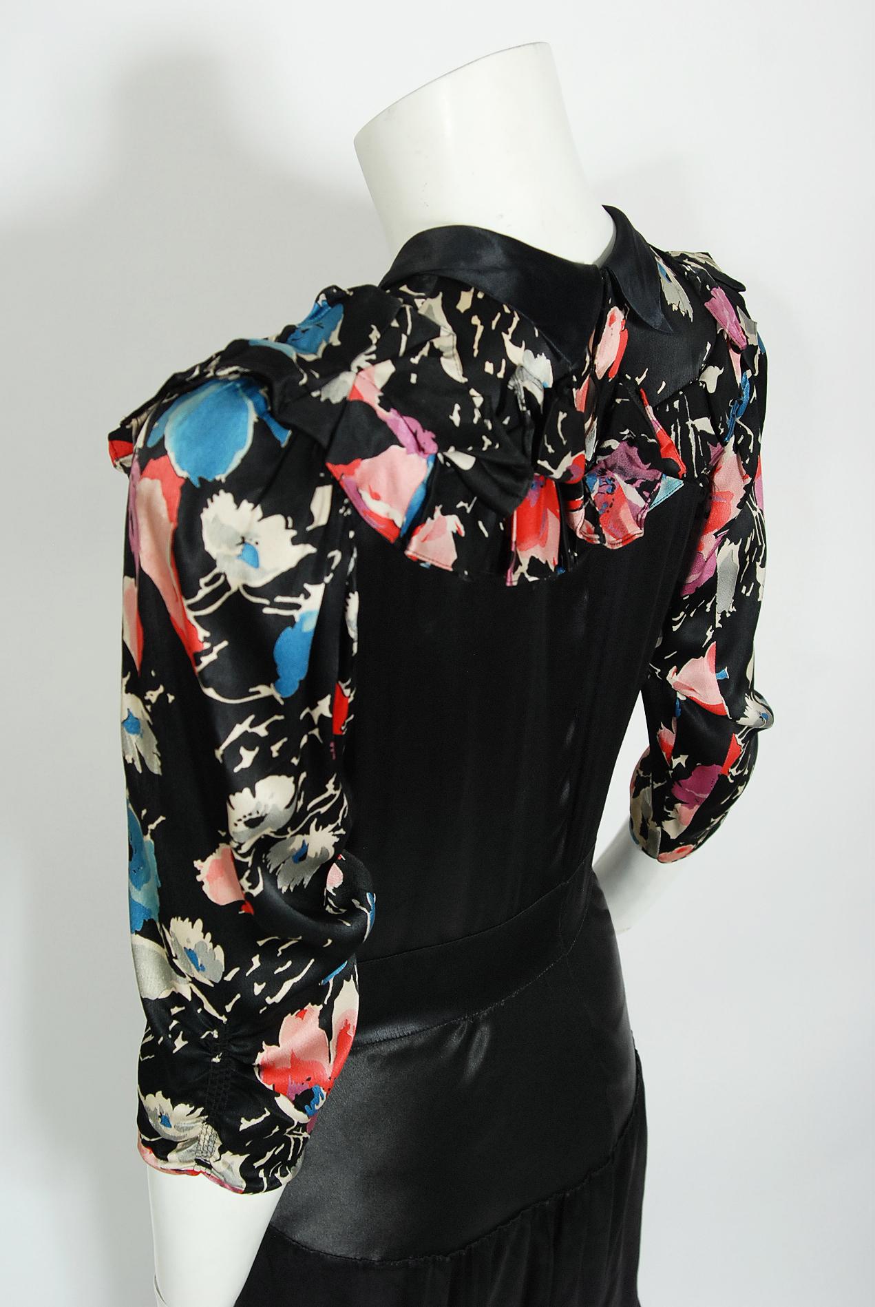Vintage 1930's Black Floral Print Silk Satin Tiered Bias-Cut Hourglass Deco Gown 6