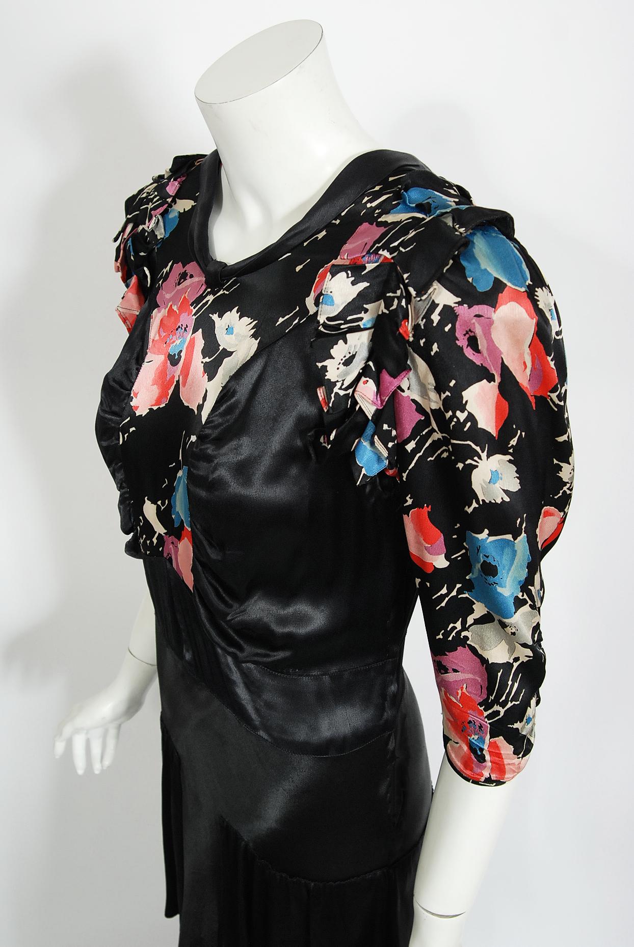 Vintage 1930's Black Floral Print Silk Satin Tiered Bias-Cut Hourglass Deco Gown In Good Condition In Beverly Hills, CA