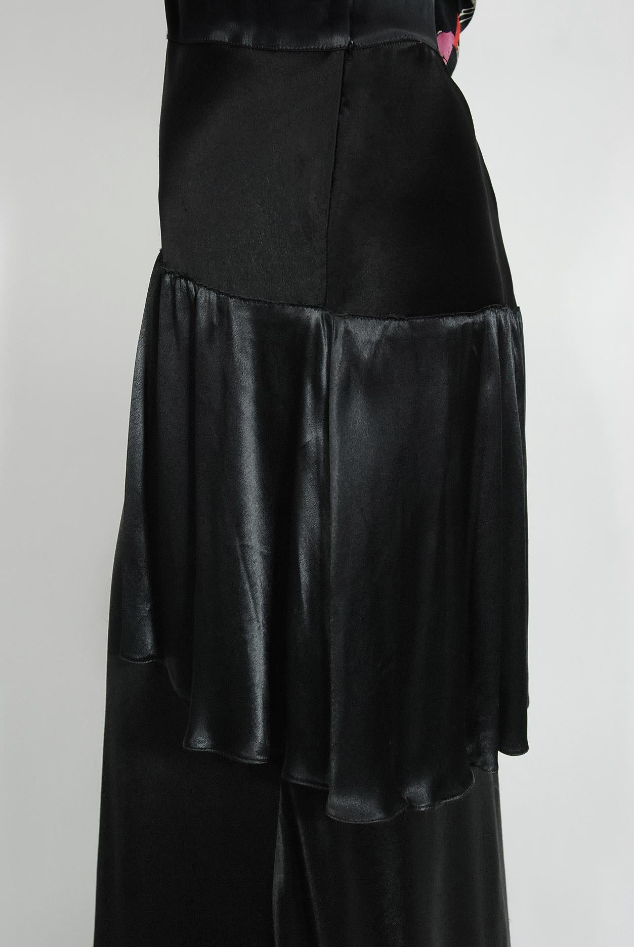 Vintage 1930's Black Floral Print Silk Satin Tiered Bias-Cut Hourglass Deco Gown 1