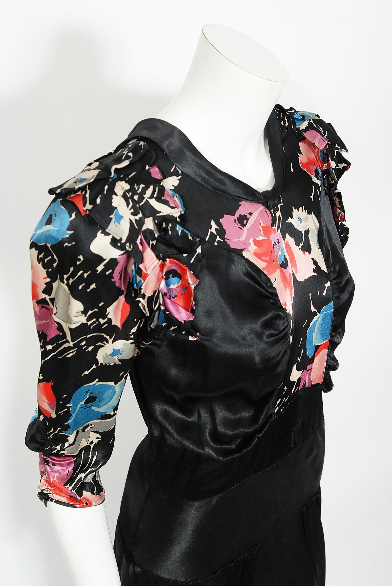 Vintage 1930's Black Floral Print Silk Satin Tiered Bias-Cut Hourglass Deco Gown 2