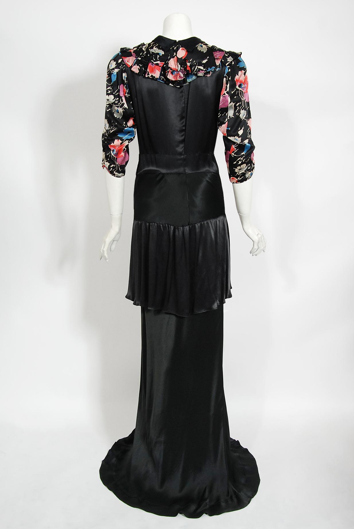 Vintage 1930's Black Floral Print Silk Satin Tiered Bias-Cut Hourglass Deco Gown 4